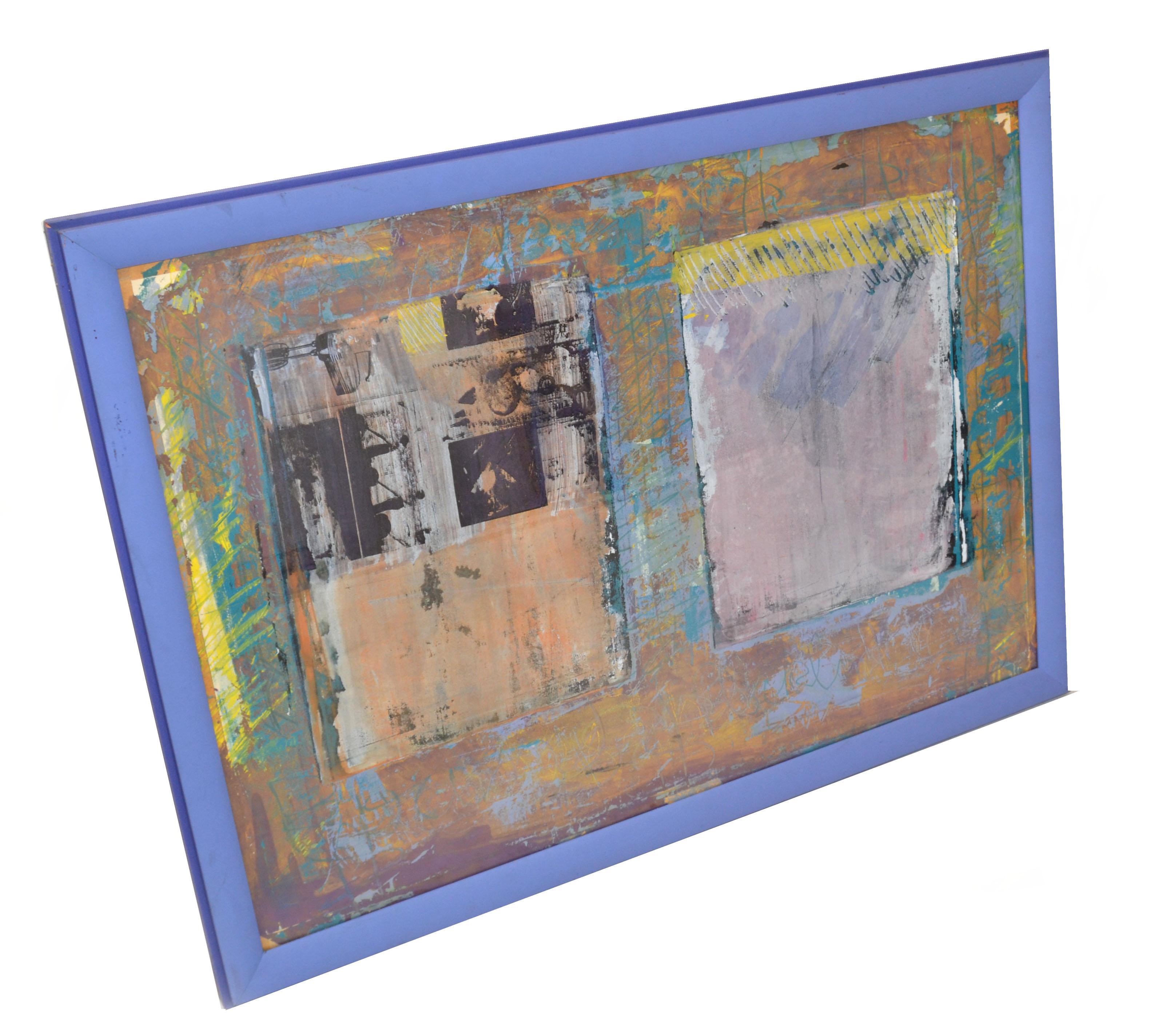 Blau gerahmte abstrakte Pop-Art-Kunst auf Leinwand, Mid-Century Modern, 1980 (amerikanisch) im Angebot