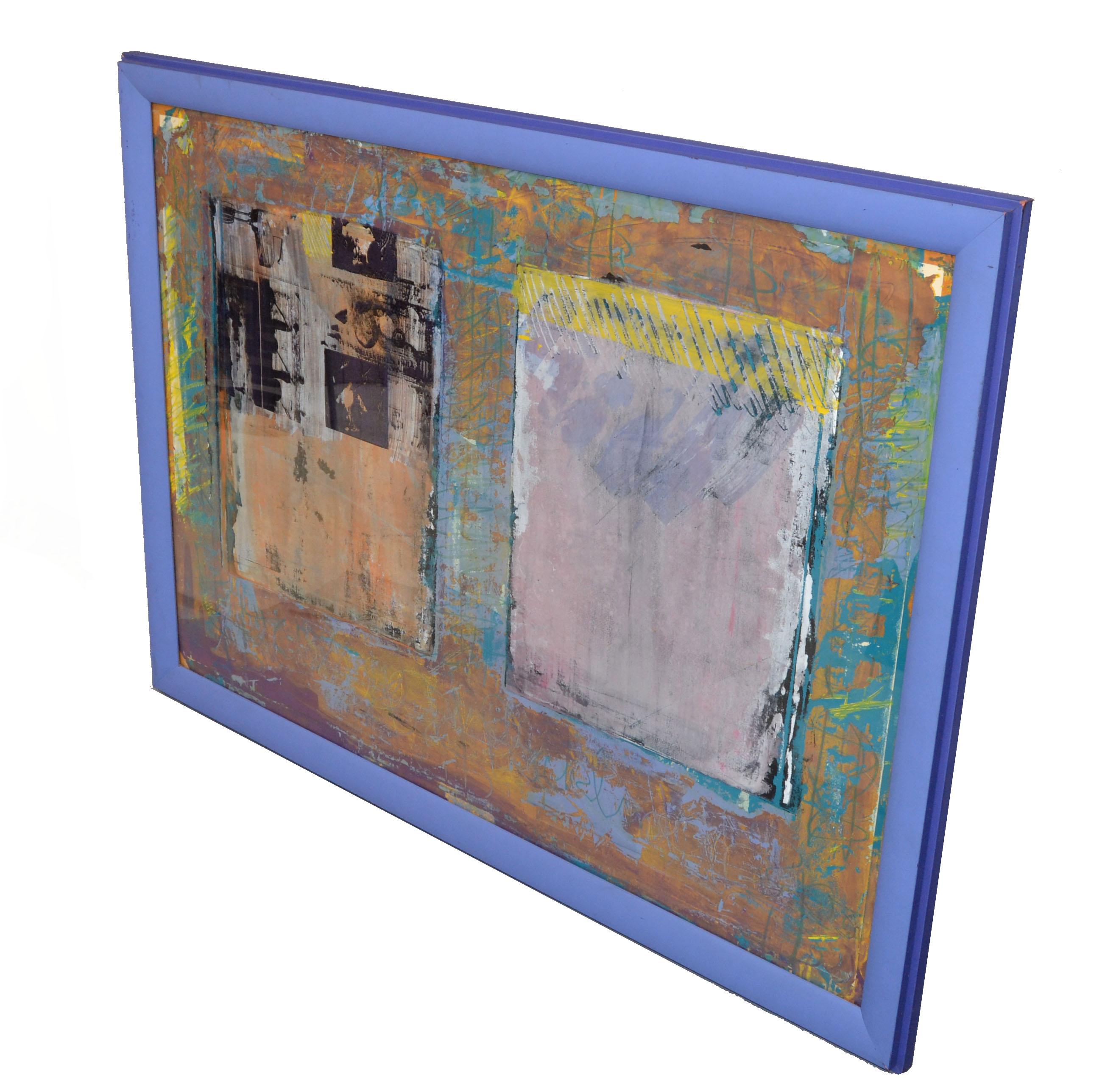 Blau gerahmte abstrakte Pop-Art-Kunst auf Leinwand, Mid-Century Modern, 1980 im Zustand „Gut“ im Angebot in Miami, FL