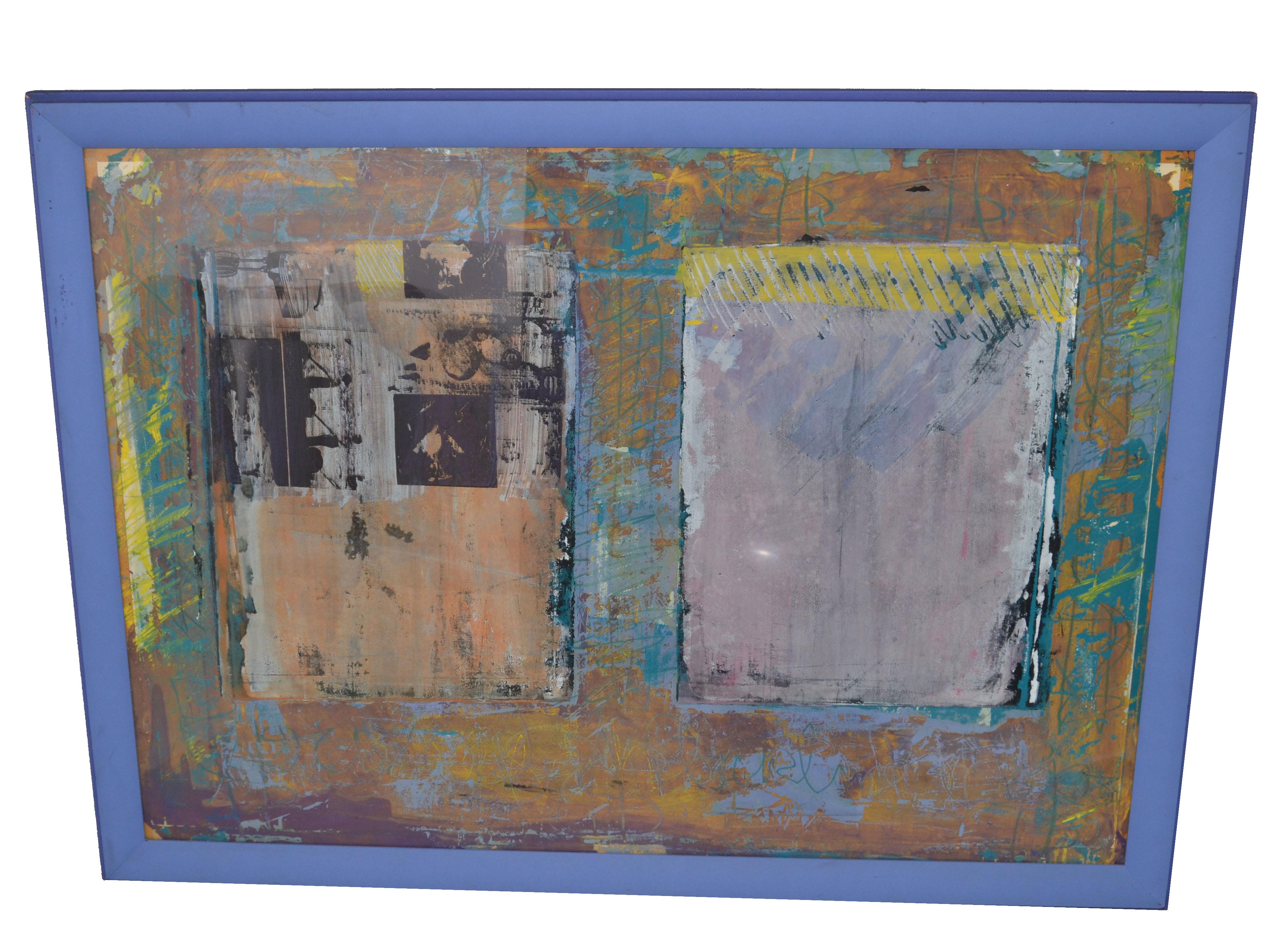 Blau gerahmte abstrakte Pop-Art-Kunst auf Leinwand, Mid-Century Modern, 1980 (Ende des 20. Jahrhunderts) im Angebot