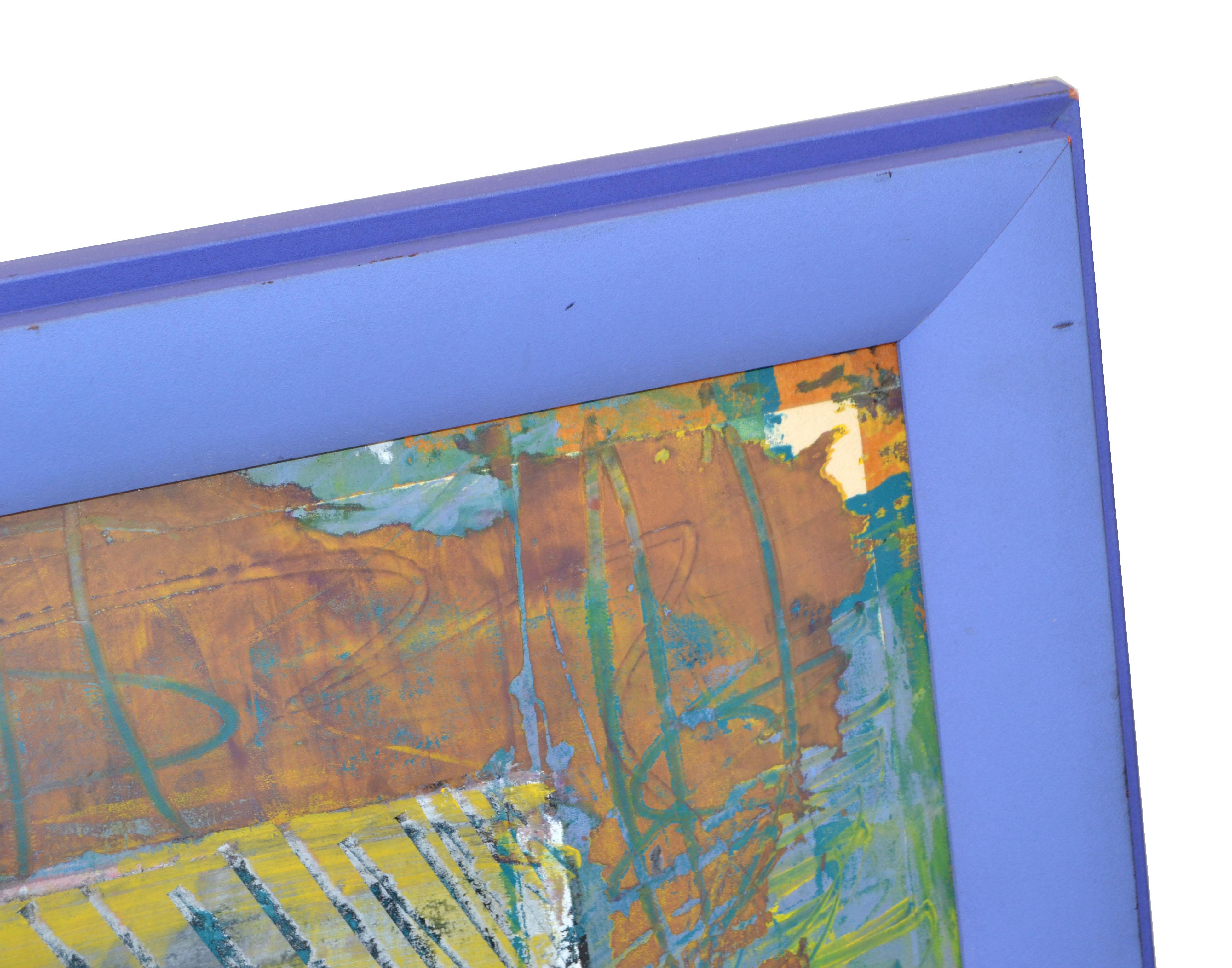 Blau gerahmte abstrakte Pop-Art-Kunst auf Leinwand, Mid-Century Modern, 1980 im Angebot 2