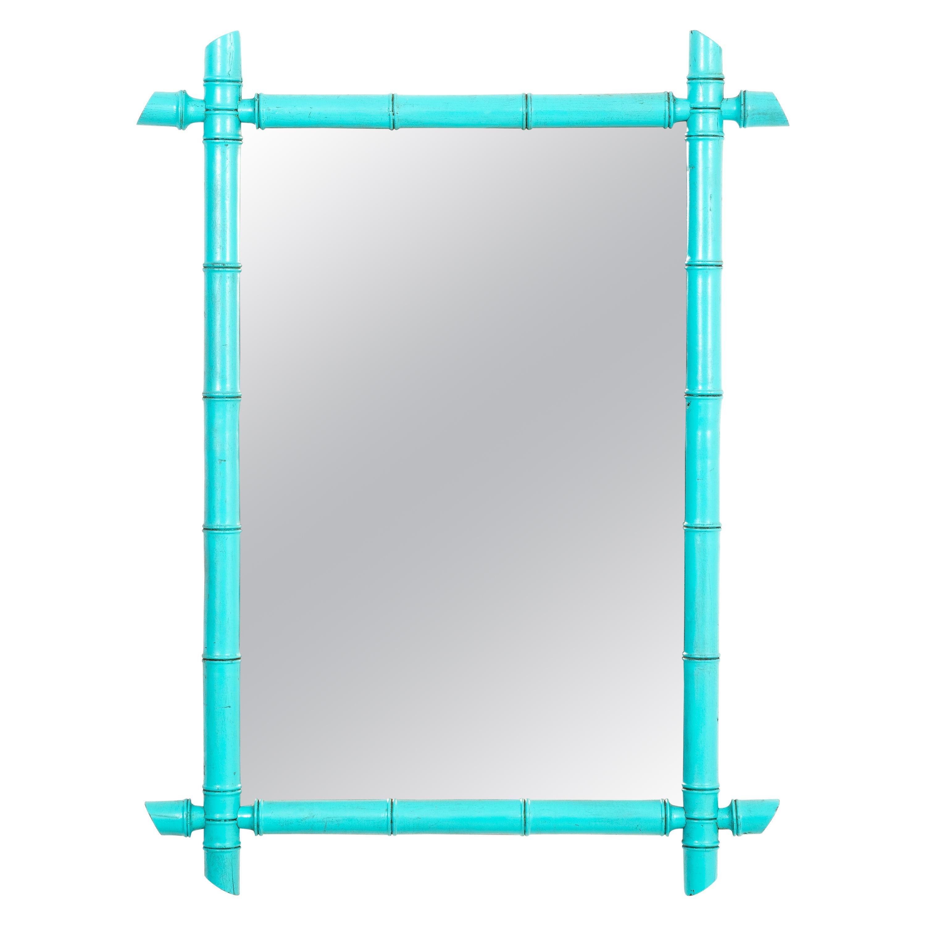 Blue French 20th Century Faux Bamboo Mirror