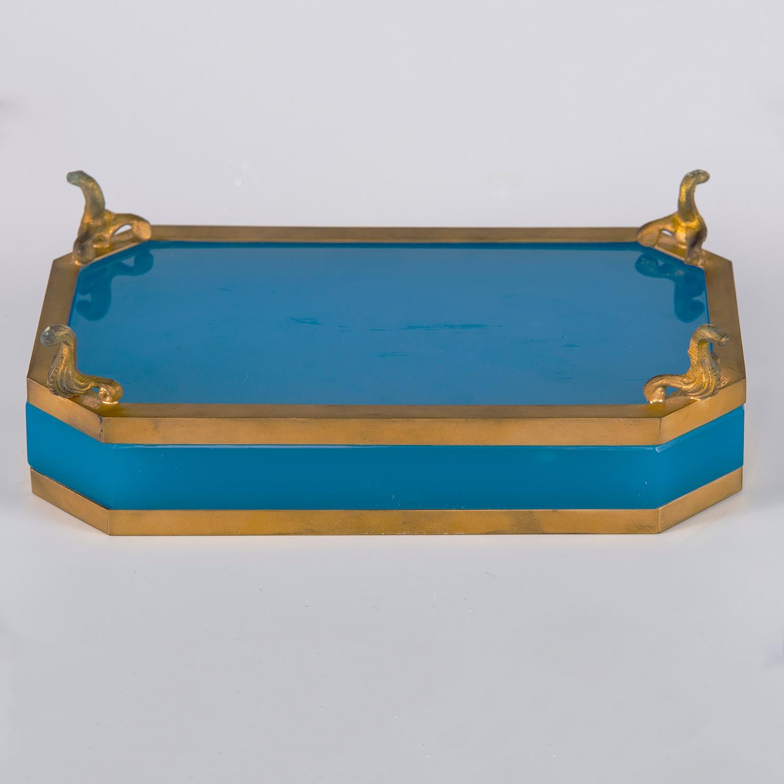Blue French Footed Opaline Glass and Brass Dish 1