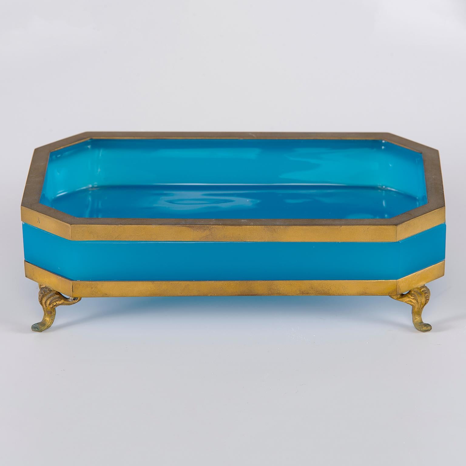 Blue French Footed Opaline Glass and Brass Dish 4