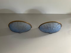 Blue French Glass and Brass Frame Pair of Sconces, 1950s, France