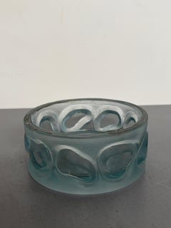 Blue Frosted Art Glass Bowl with Abstract Relief Design