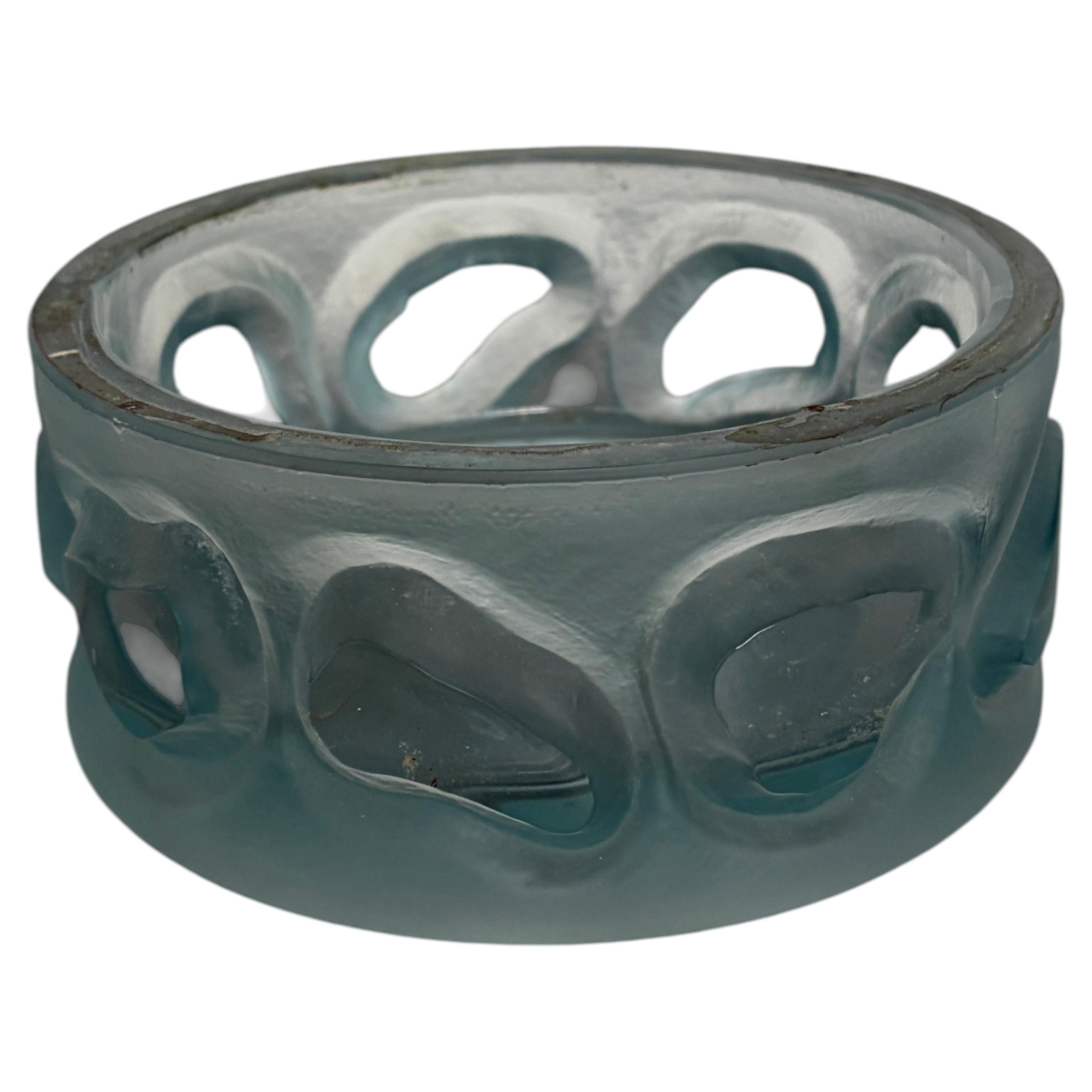 Blue Frosted Art Glass Bowl with Abstract Relief Design For Sale