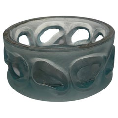 Blue Frosted Art Glass Bowl with Abstract Relief Design