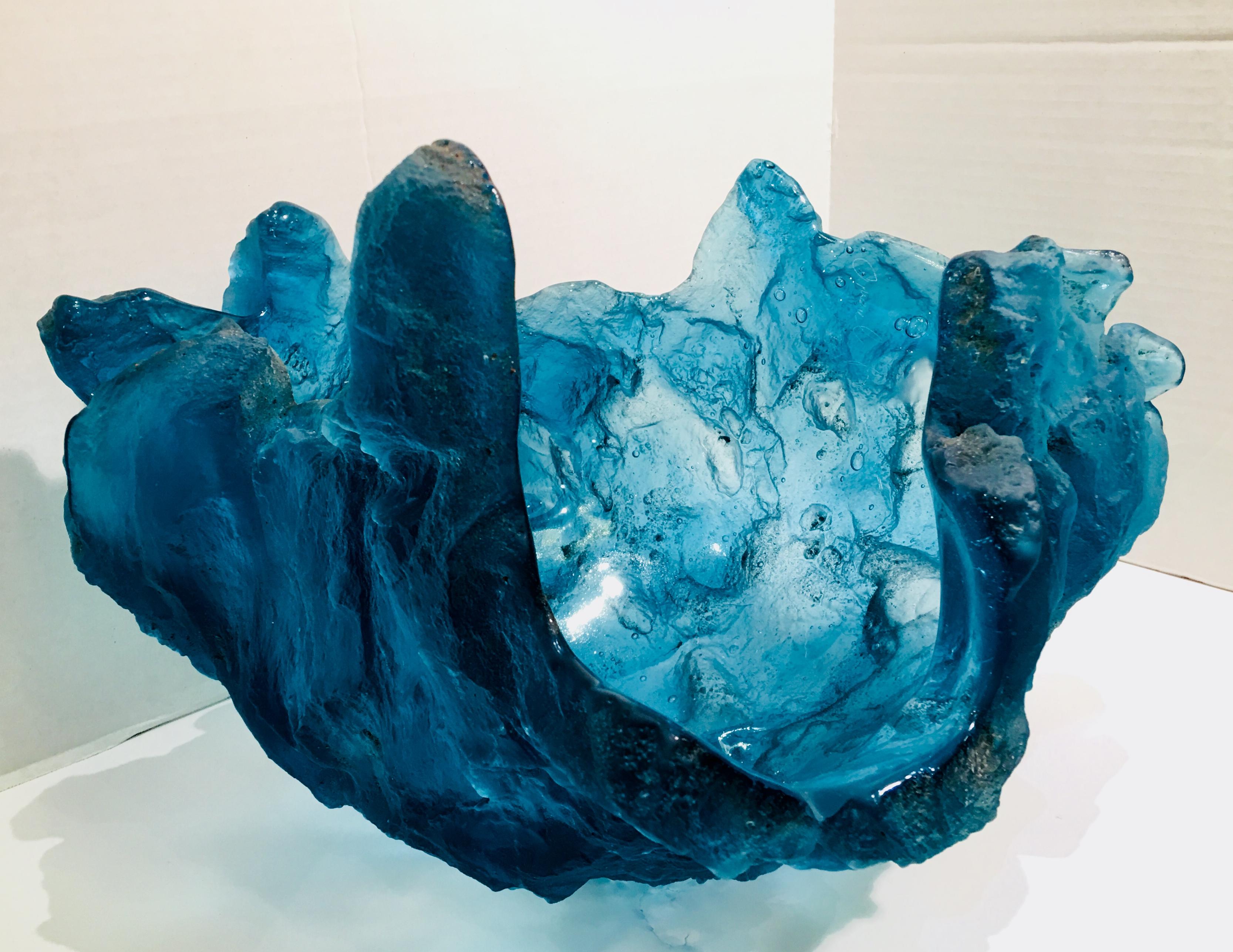 Contemporary “Blue Frozen Water” Art Glass Sculpture Bowl Vase by Amanda Brisbane 'Deceased'