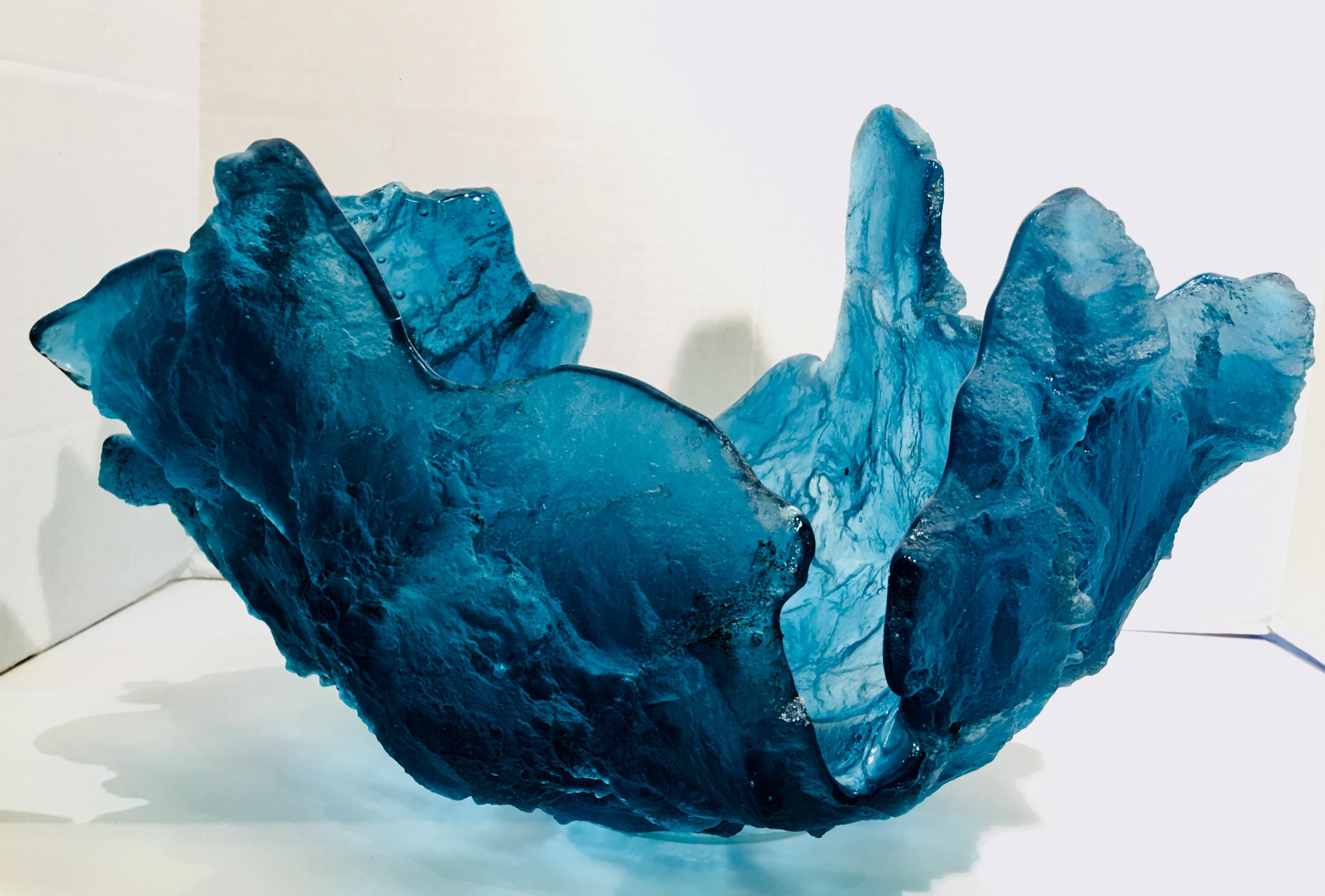 Organic Modern “Blue Frozen Water” Art Glass Sculpture Bowl Vase by Amanda Brisbane 'Deceased'