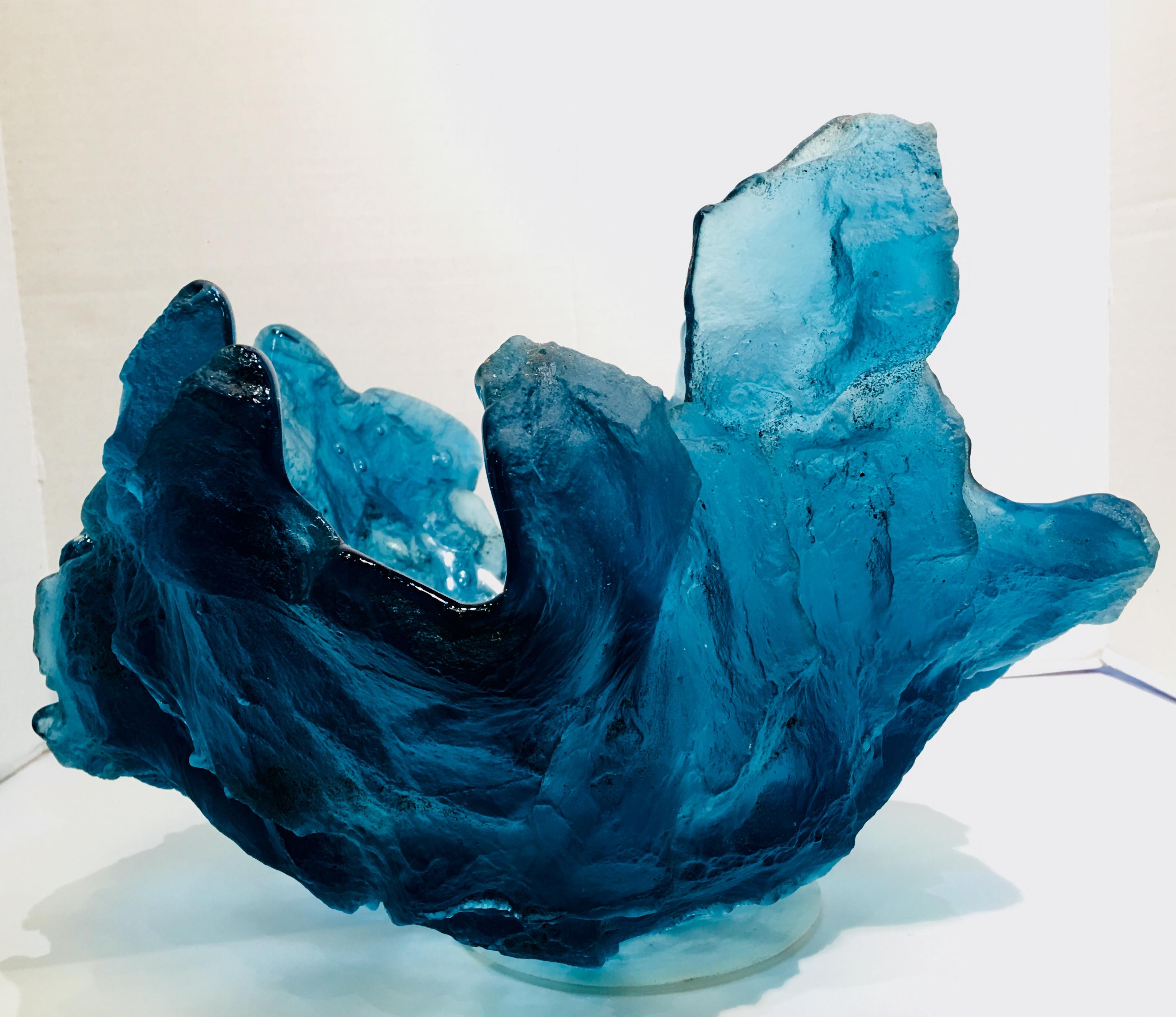 British “Blue Frozen Water” Art Glass Sculpture Bowl Vase by Amanda Brisbane 'Deceased'