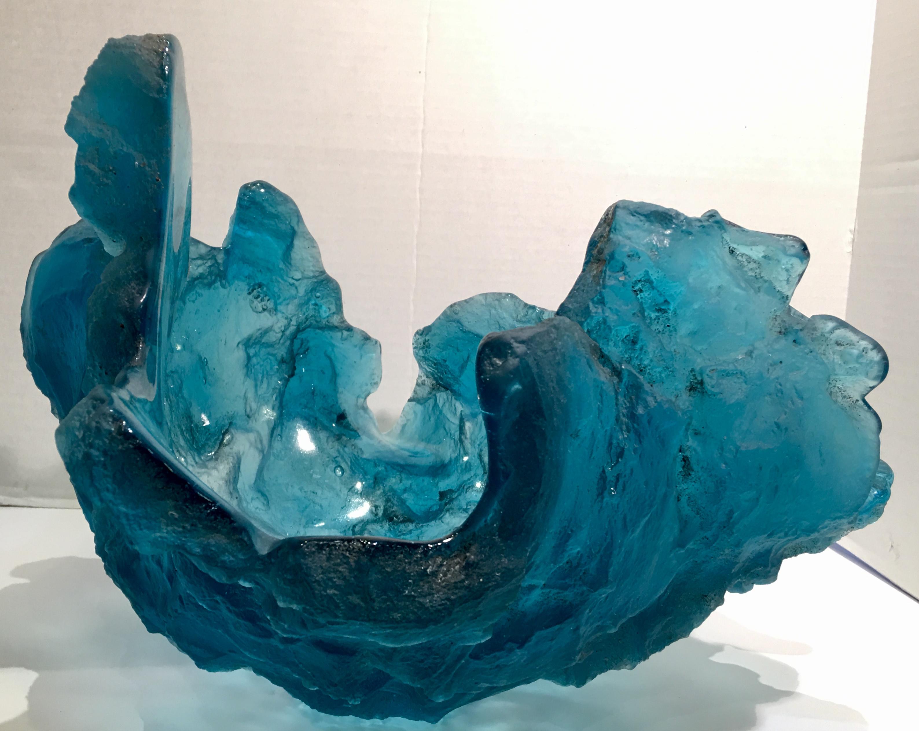 Cast “Blue Frozen Water” Art Glass Sculpture Bowl Vase by Amanda Brisbane 'Deceased'