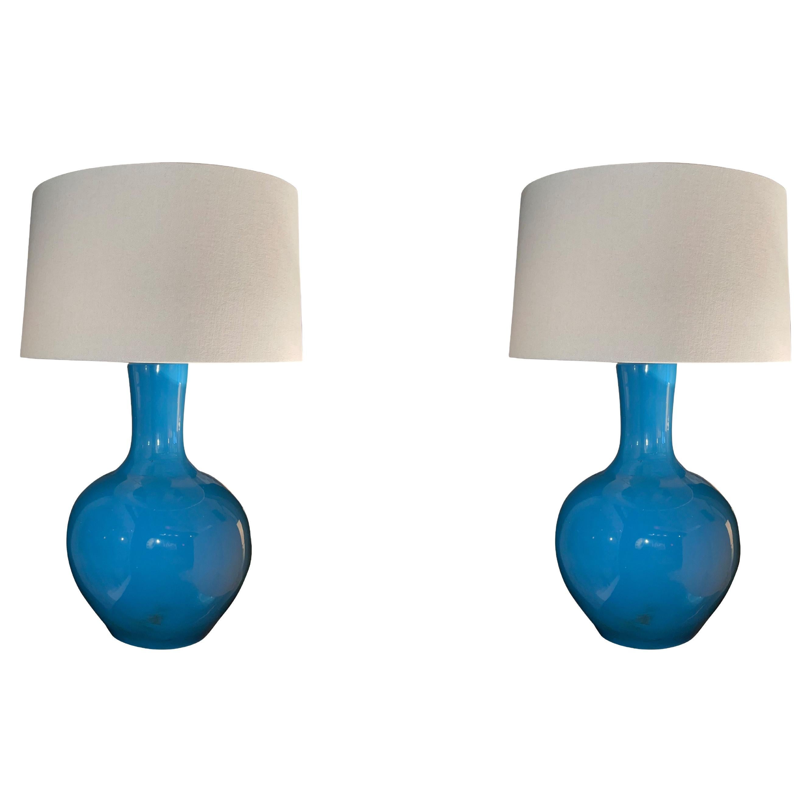 Blue Funnel Neck Ceramic Pair of Lamps, China, Contemporary