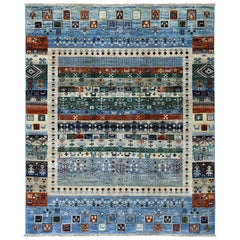 Blue Gabbeh Kashkuli Pictorial Pure Wool Hand Knotted Oriental Rug