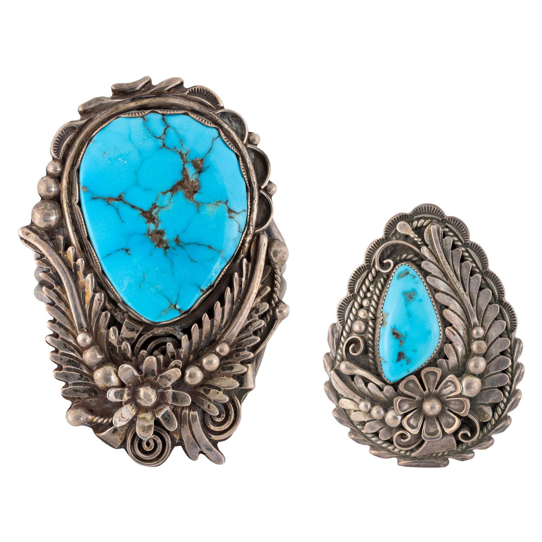 Blue Gem Turquoise Bracelet and Pendant Set For Sale