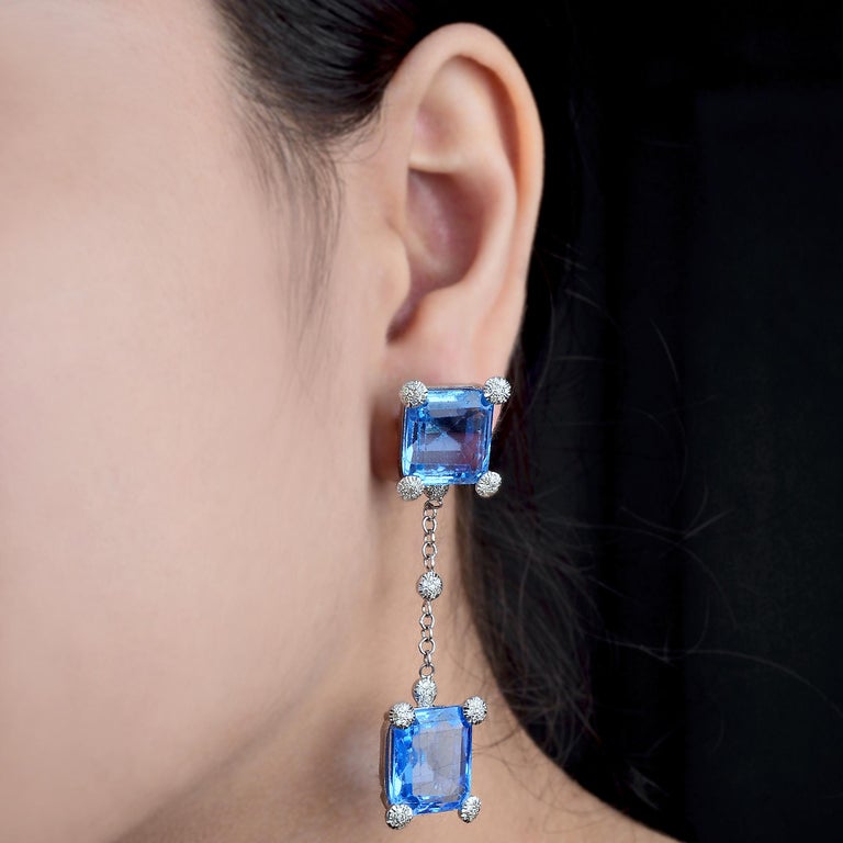 Blue Gemstone Dangle Earrings Diamond Pave Silver 18 Karat Gold Handmade Jewelry For Sale at 1stDibs