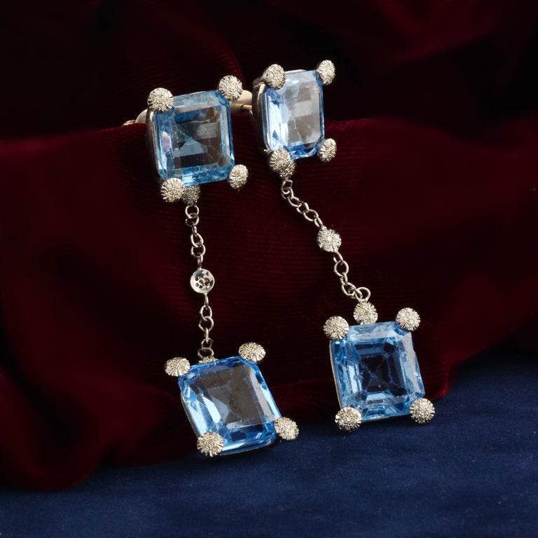Blue Gemstone Dangle Earrings Diamond Pave Silver 18 Karat Gold Handmade Jewelry For Sale at 1stDibs