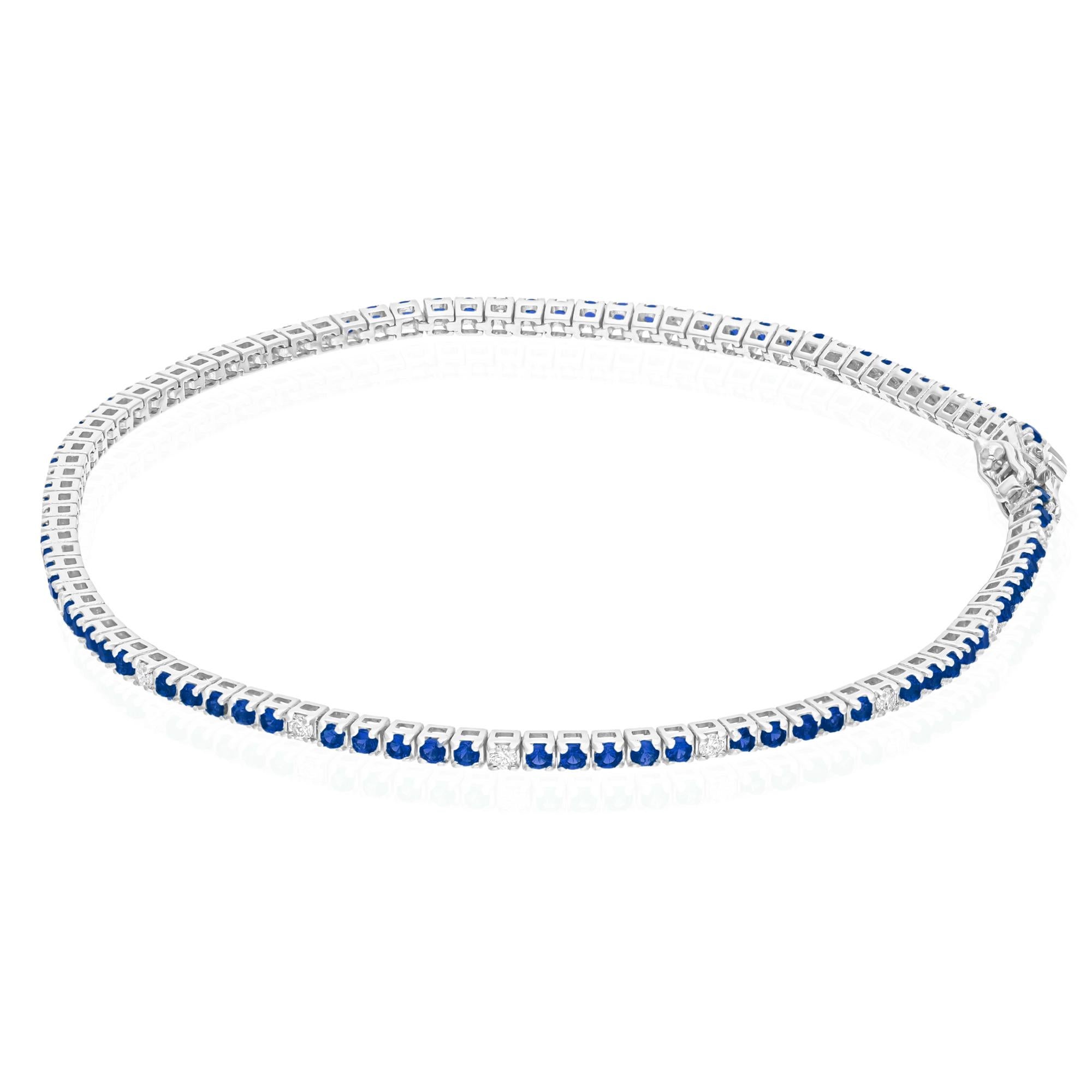 Modern Blue Gemstone Tennis Bracelet SI/H Diamond 10 Karat White Gold Handmade Jewelry For Sale