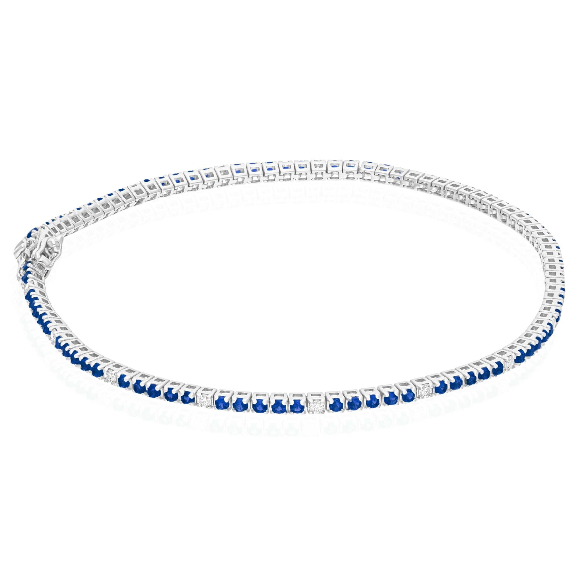 Blue Gemstone Tennis Bracelet SI/H Diamond 10 Karat White Gold Handmade Jewelry In New Condition For Sale In Diera, Dubai