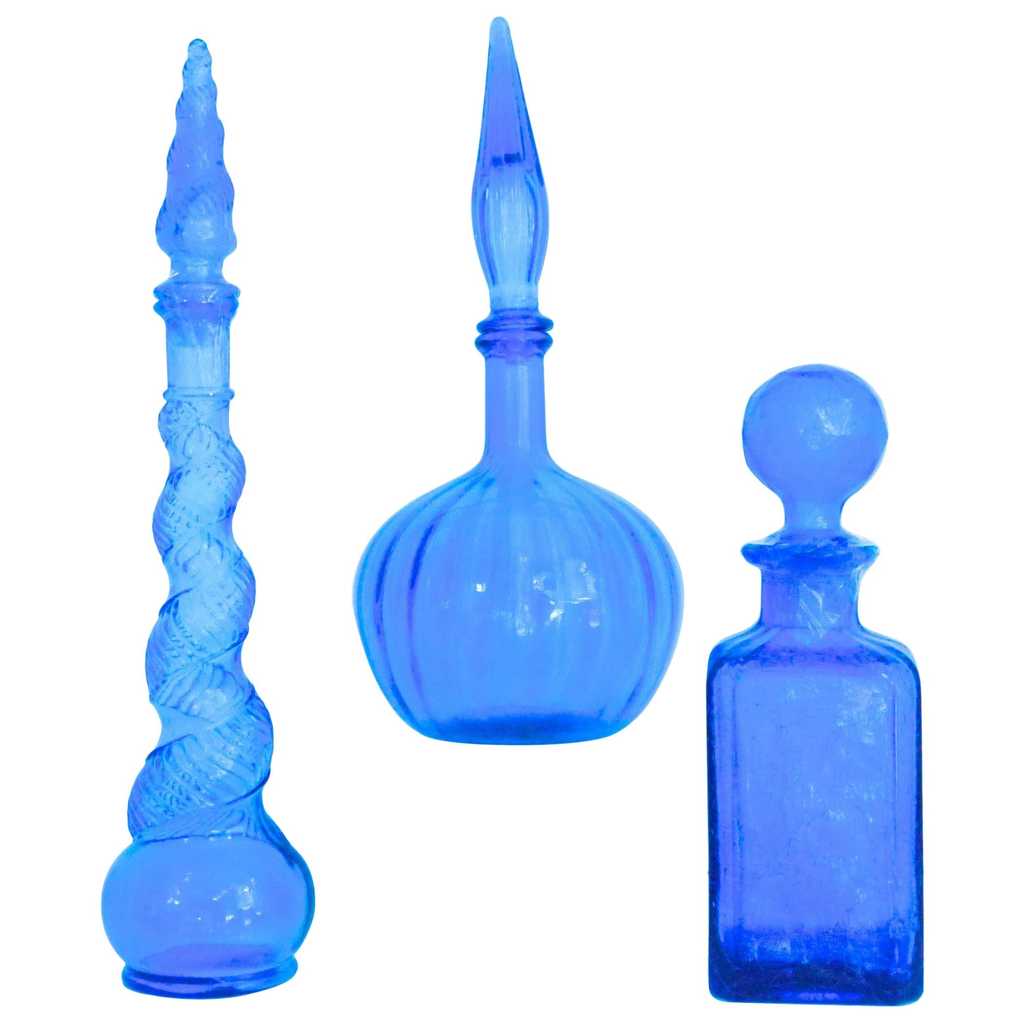 Blue Genie Bottles Collection 3 Pieces by Blenko and Empoli, Early 1960 For Sale