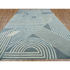Blue Geometric Art Deco Collection Hand Knotted Wool Oversized Rug 12'2" x 18'4"