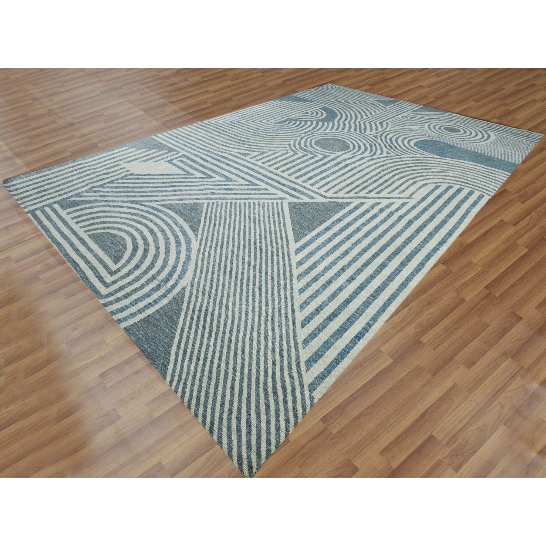 Art déco Blue Geometric Art Deco Collection Hand Knotsted Wool Oversized Rug 12'2