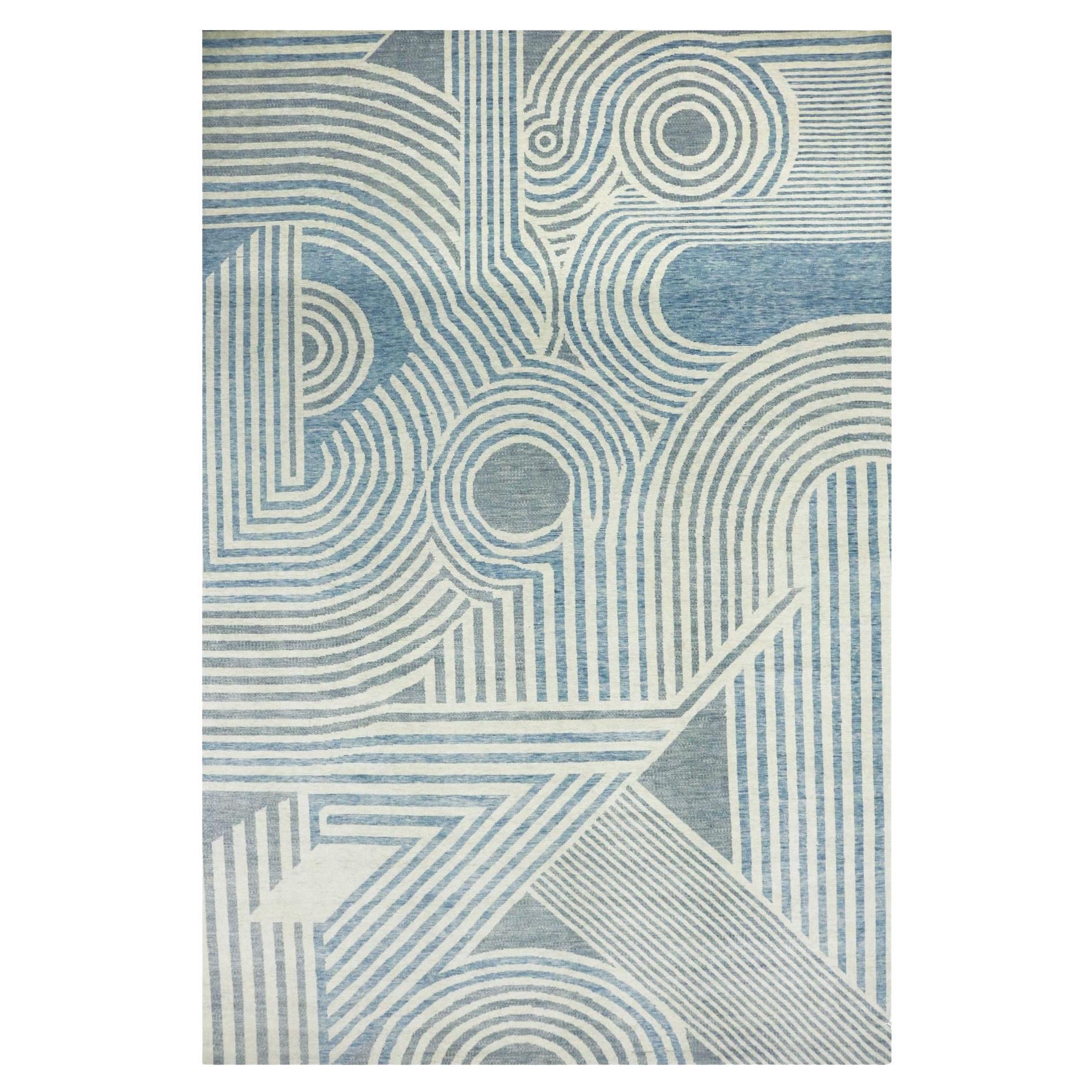 Blue Geometric Art Deco Collection Hand Knotted Wool Oversized Rug 12'2" x 18'4"