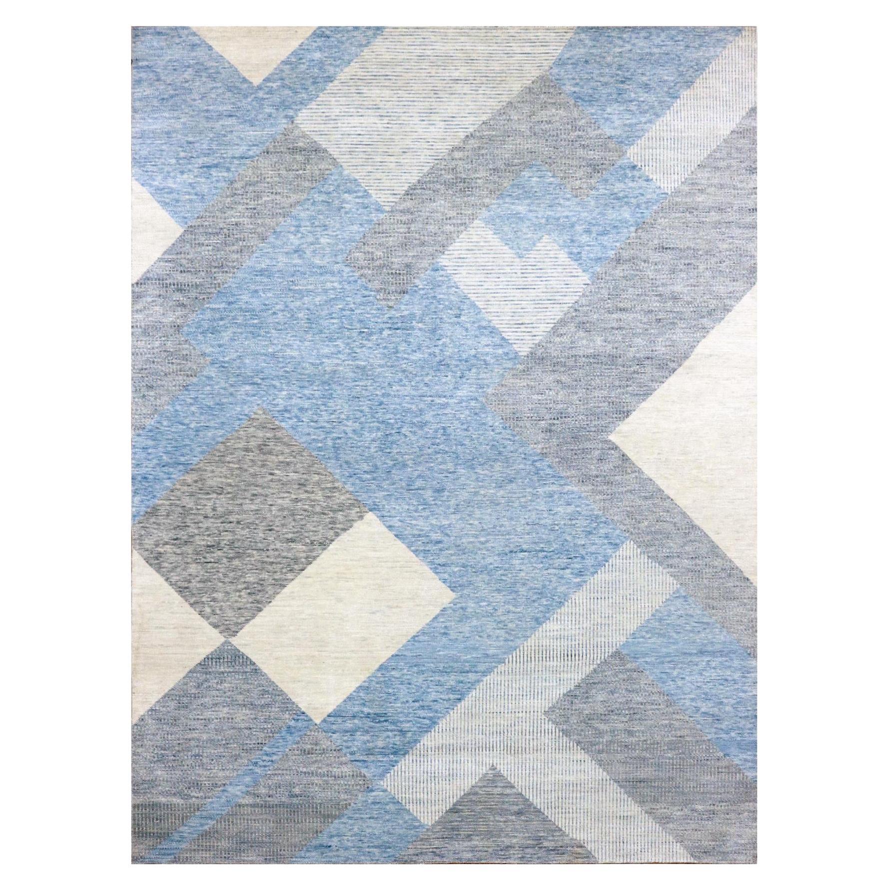 Colección Art Decó Geométrica Azul Alfombra oriental anudada a mano con pelo suave de lana