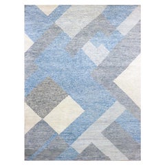 Blue Geometric Art Deco Collection Soft Wool Pile Hand Knots Rugs (tapis d'orient)