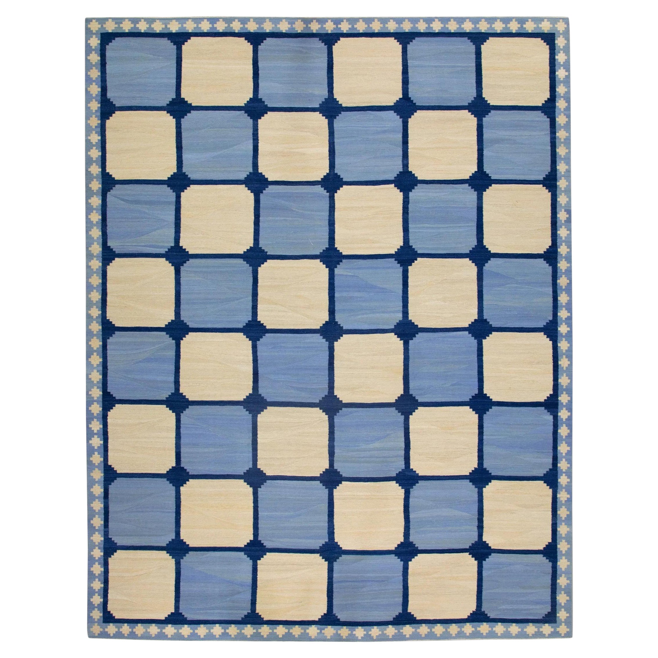 Tappeto Kilim in lana fatto a mano a scacchi geometrici blu 12'5" X 15'5" #7317