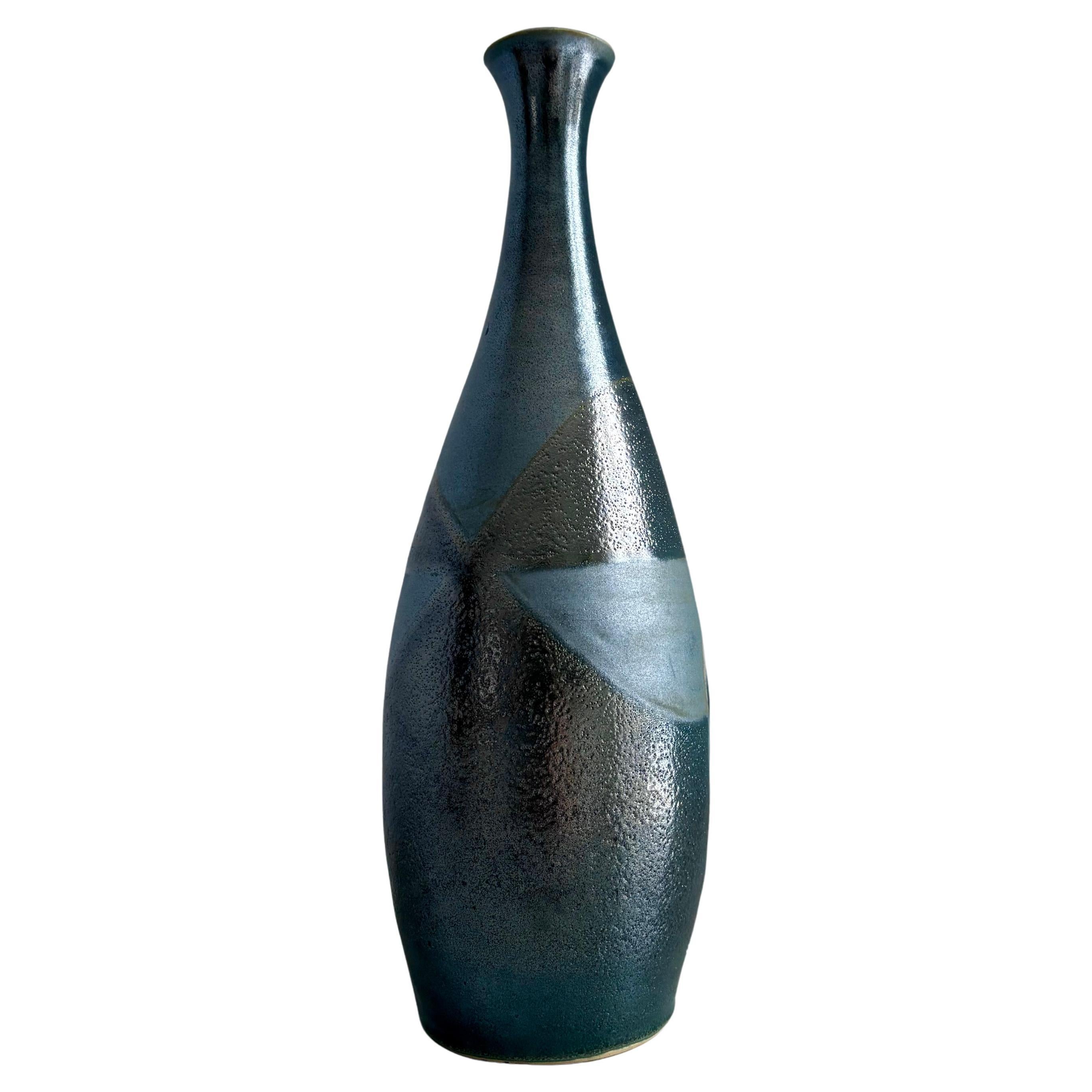 Göran Hellberg Blue Stoneware Vase, Geometric Design, Sweden, 1970s