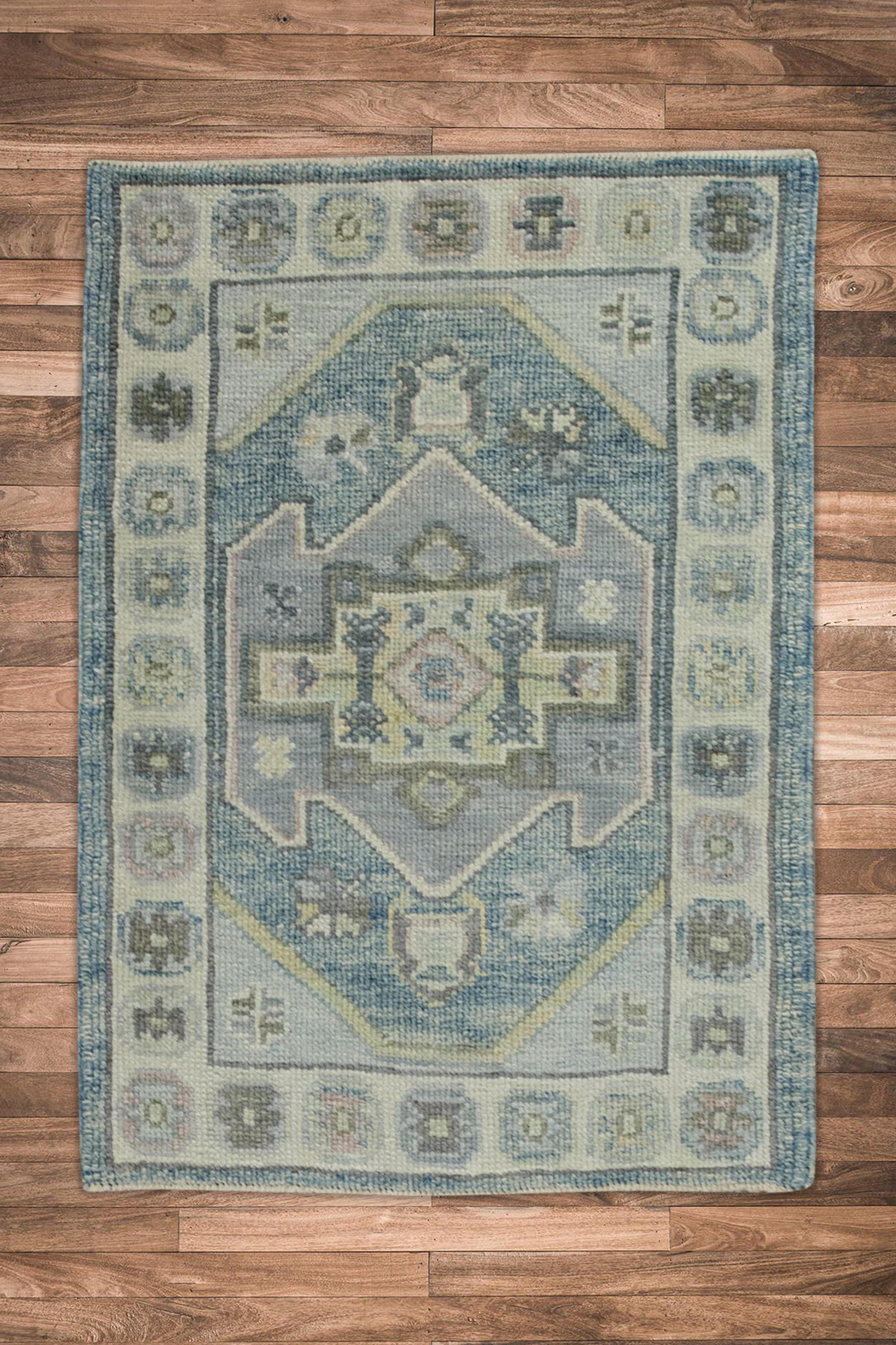 Contemporary Blue Geometric Design Handwoven Wool Turkish Oushak Rug For Sale