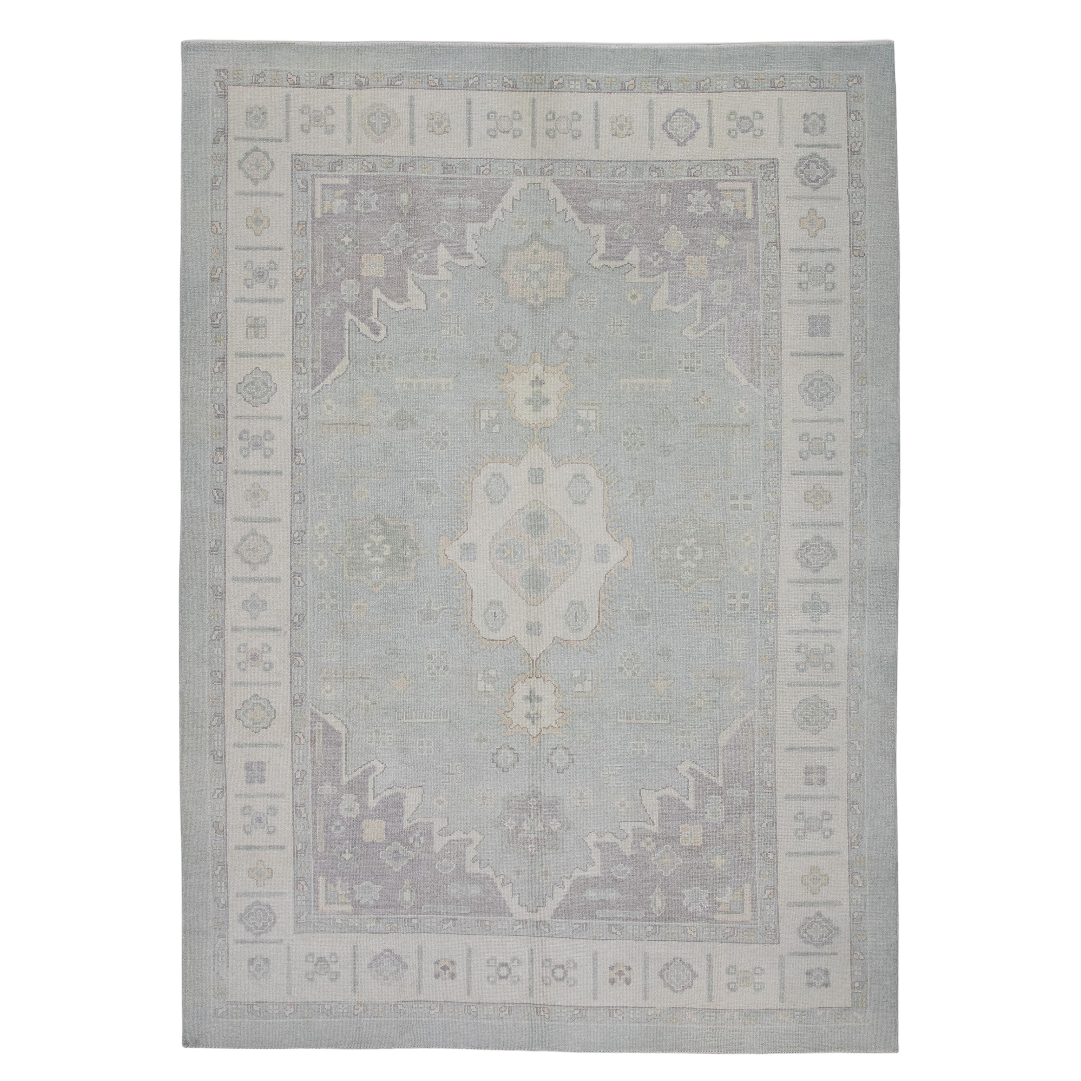 Blue Geometric Design Handwoven Wool Turkish Oushak Rug 8'11" X 12'2"