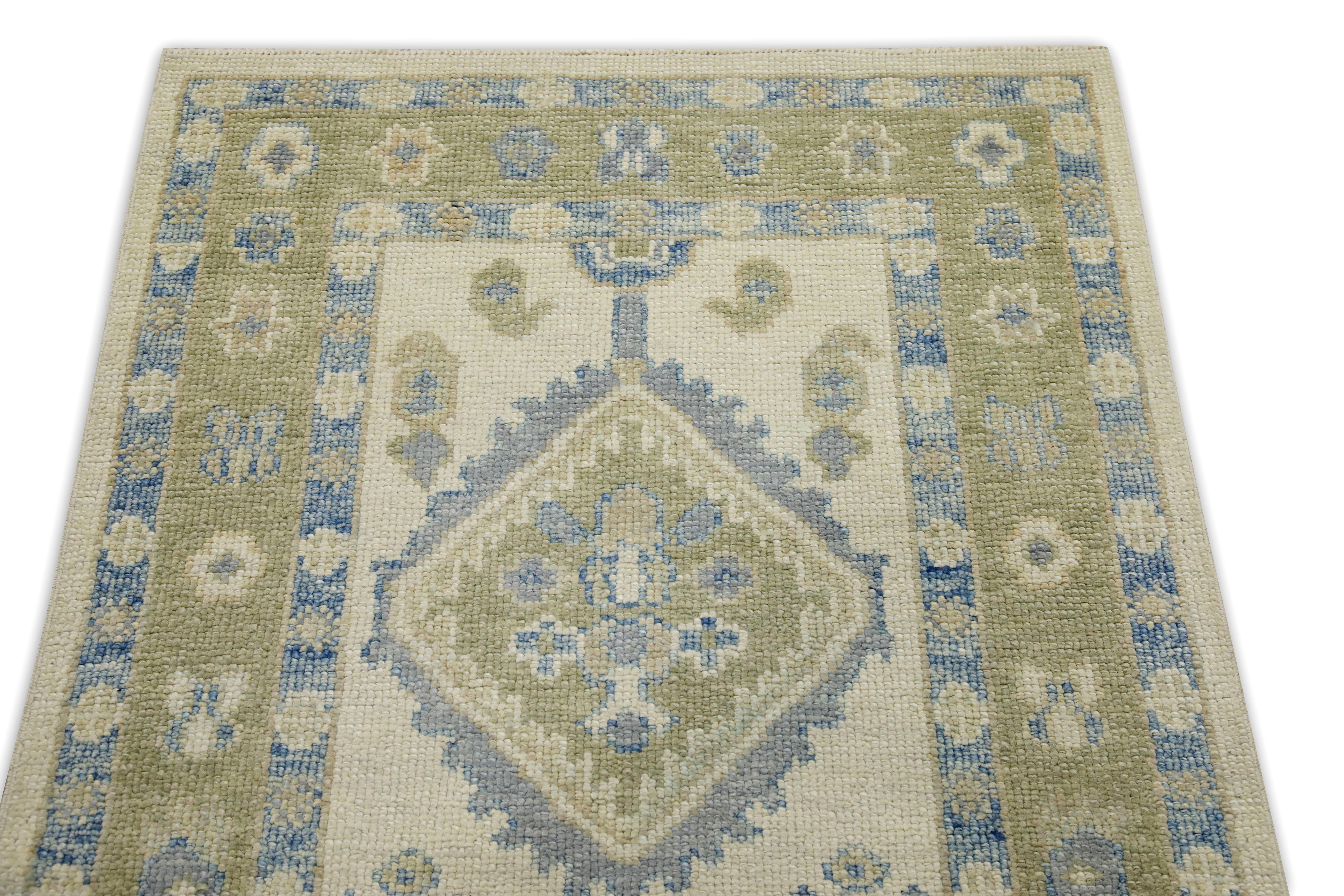 Blue Geometric Design Handwoven Wool Turkish Oushak Runner In New Condition For Sale In Houston, TX