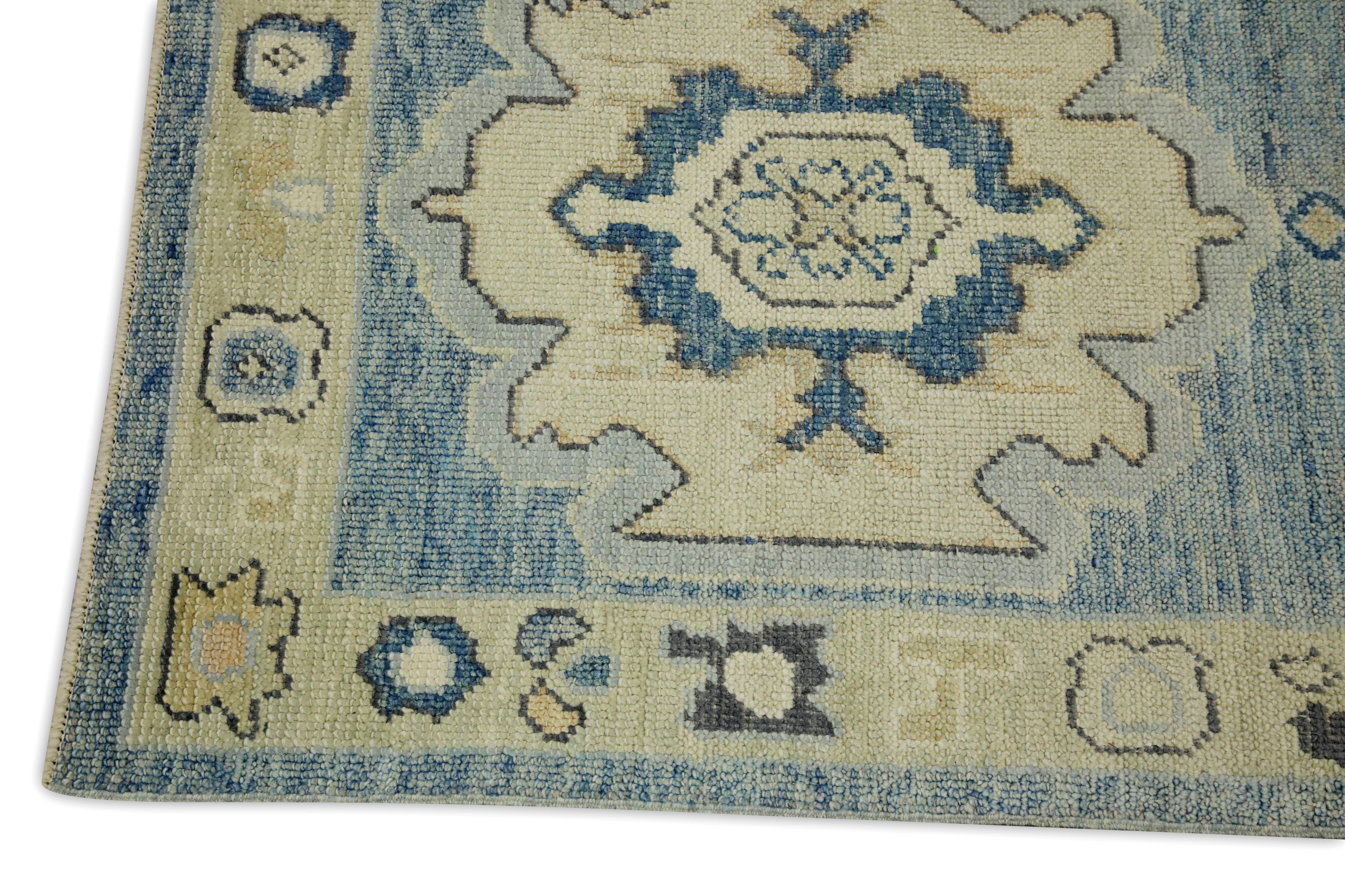 Vegetable Dyed Blue Geometric Design Handwoven Wool Turkish Oushak Runner For Sale