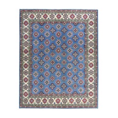 Blue Geometric Design Kazak Pure Wool Hand Knotted Oriental Rug