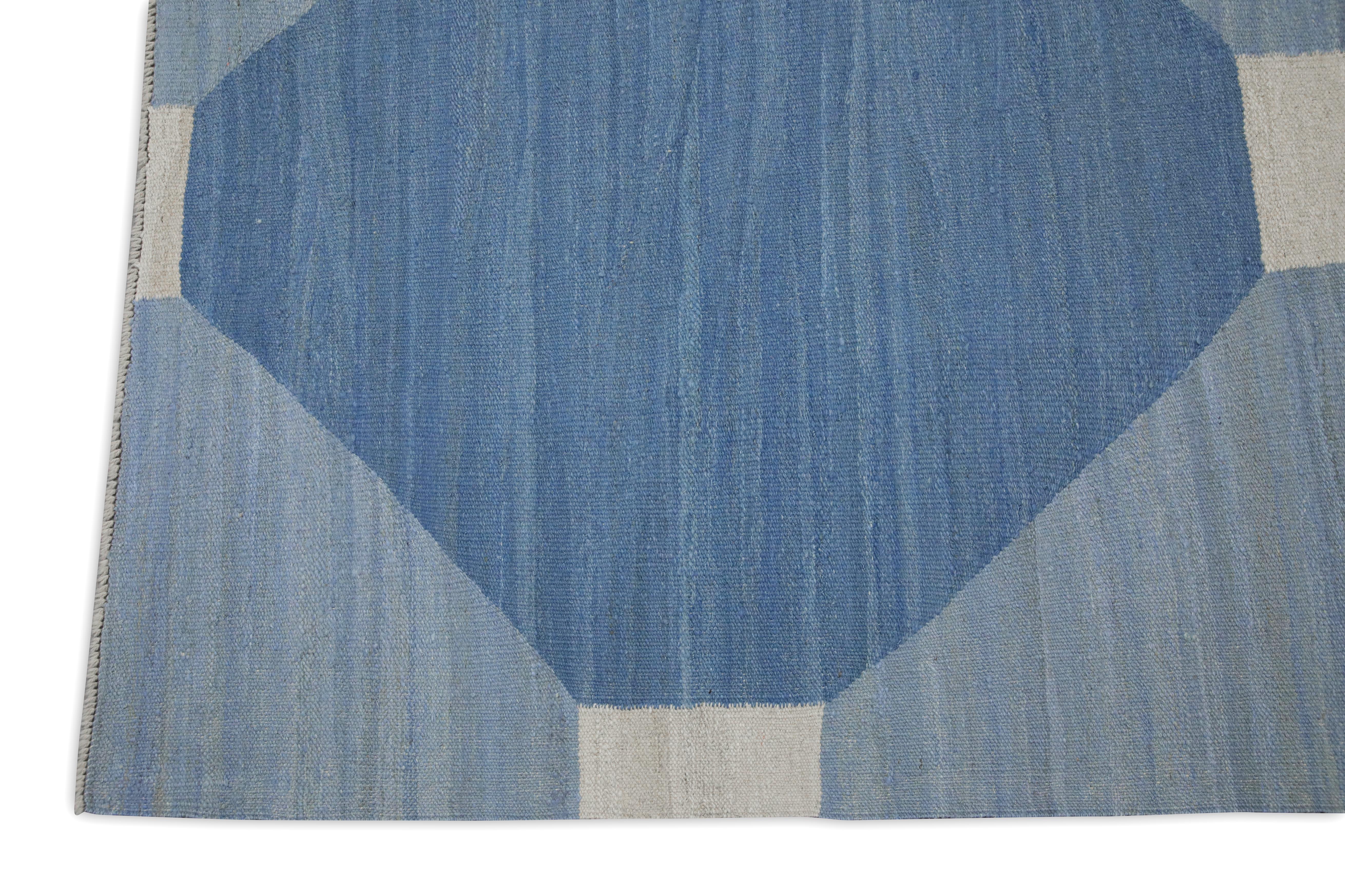 Kilim Blue Geometric Design Modern Flatweave Handmade Wool Rug 12'1