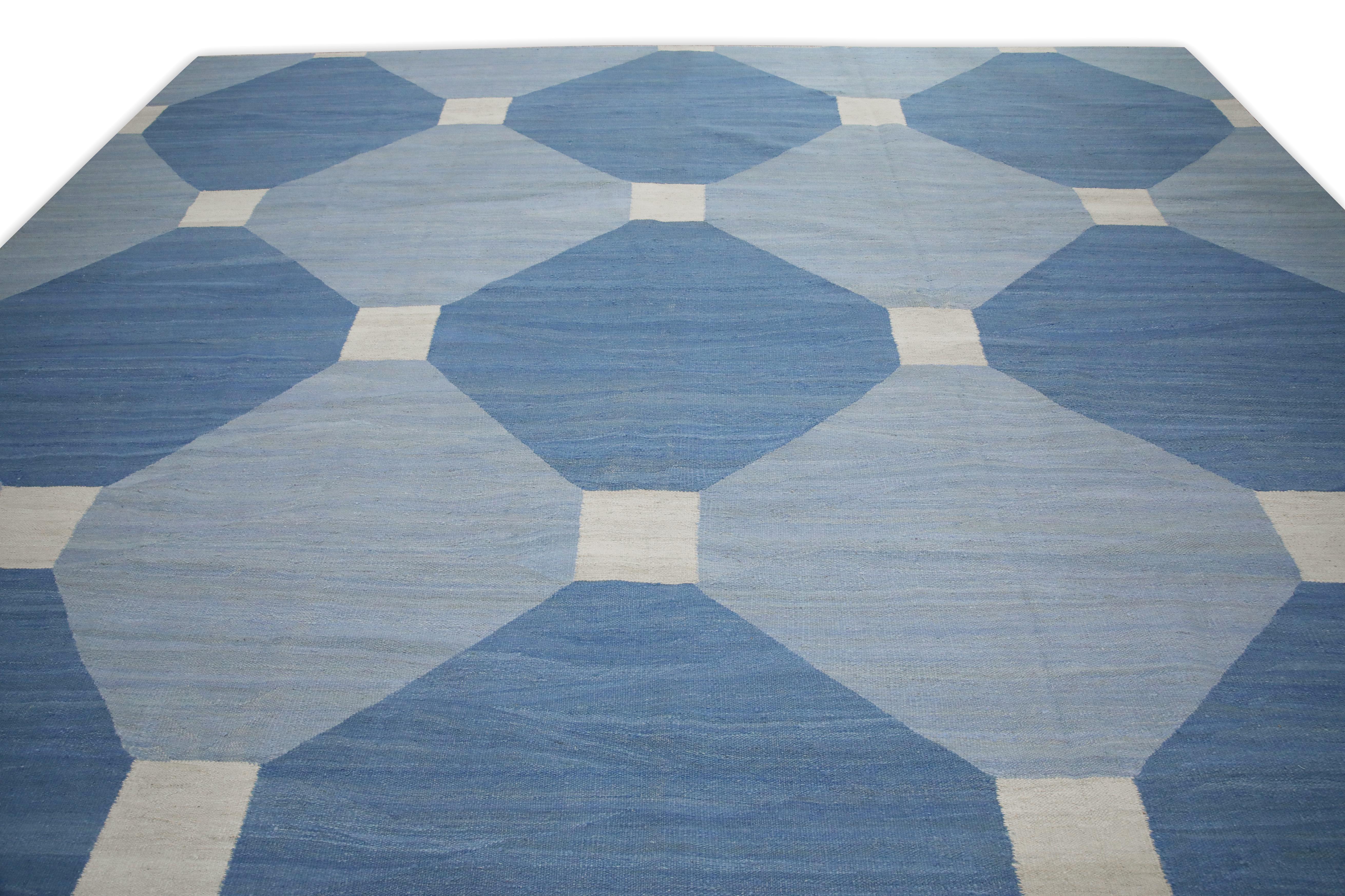 Turkish Blue Geometric Design Modern Flatweave Handmade Wool Rug 12'1