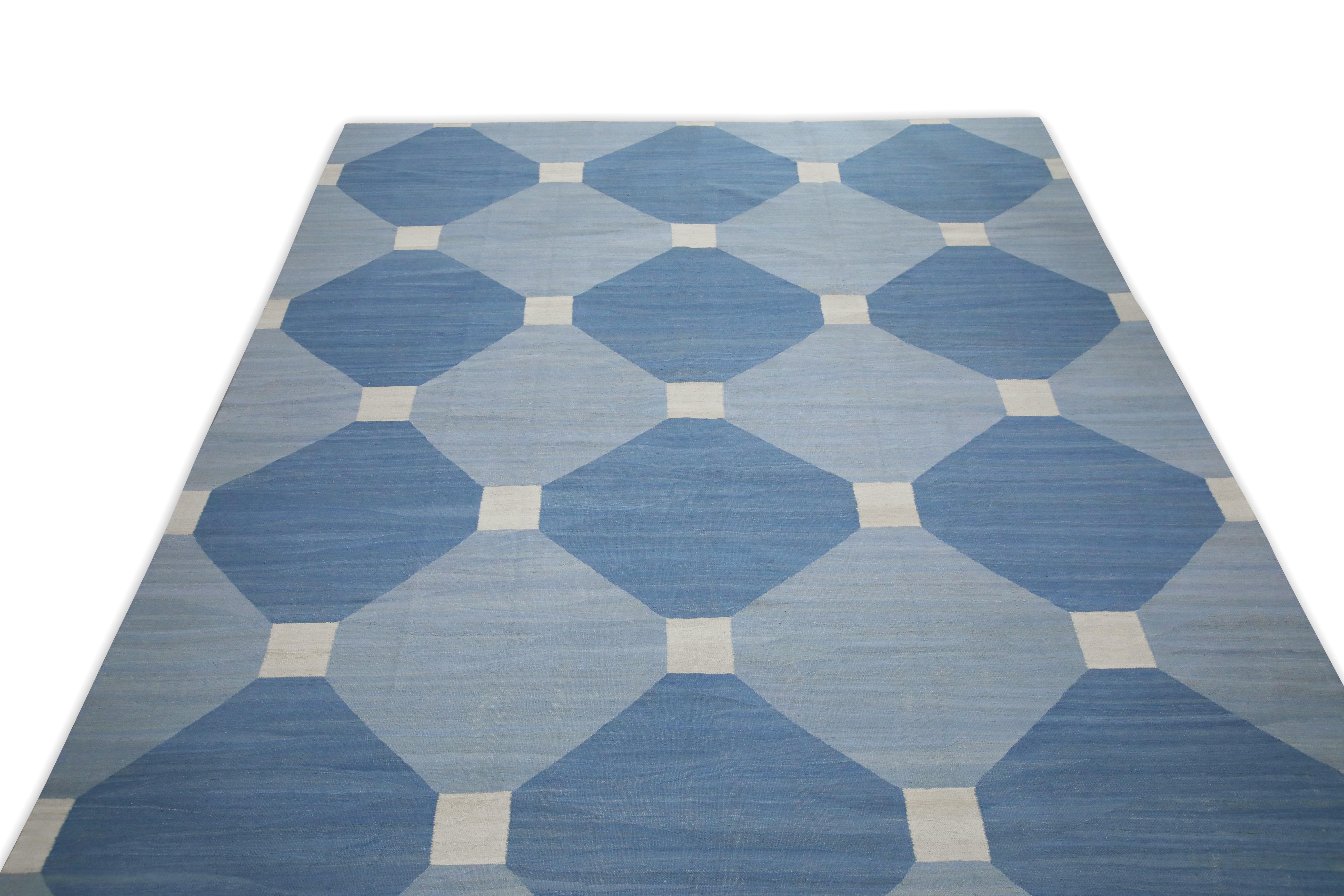 Blue Geometric Design Modern Flatweave Handmade Wool Rug 12'1