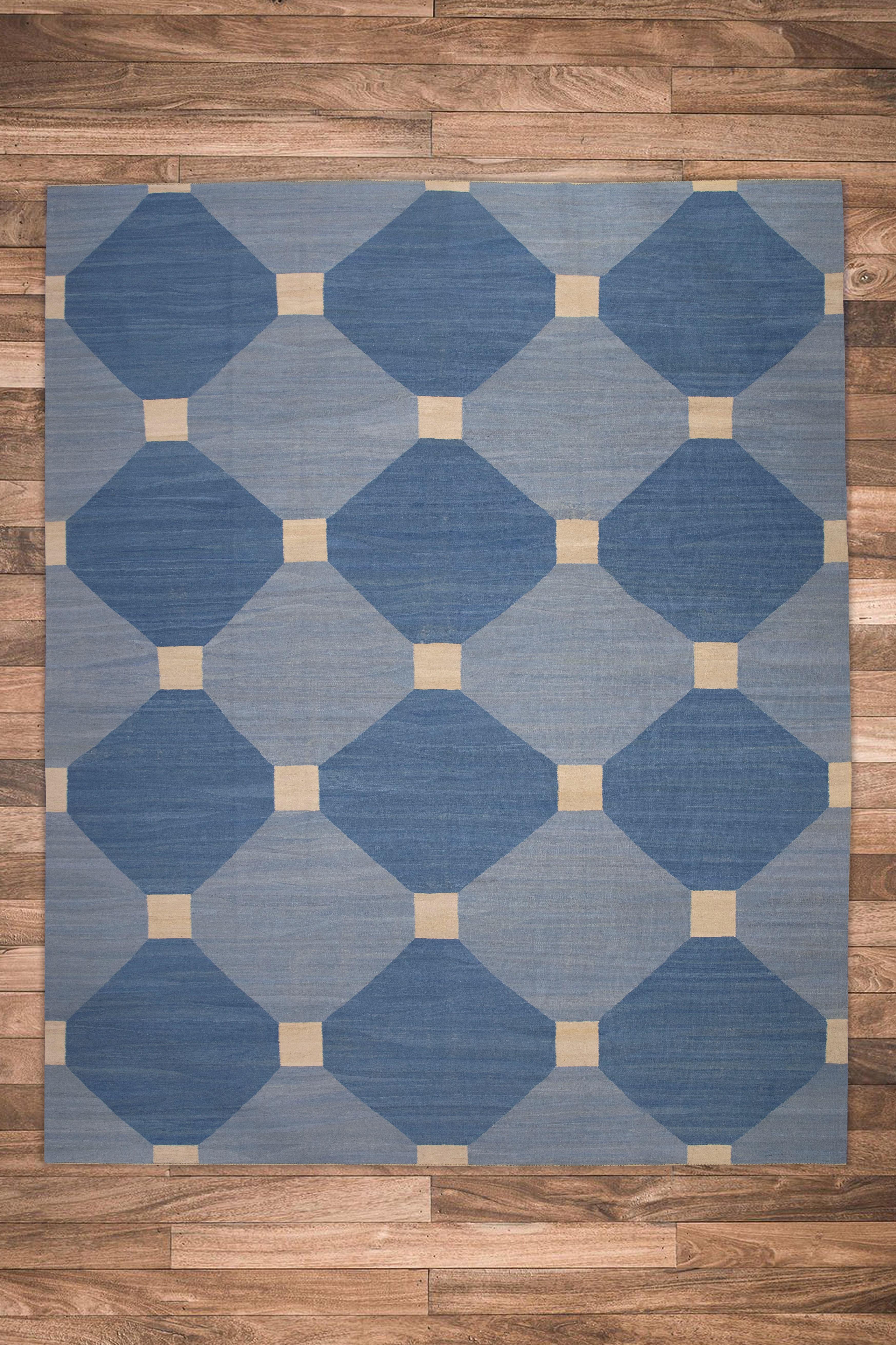 Contemporary Blue Geometric Design Modern Flatweave Handmade Wool Rug 12'1