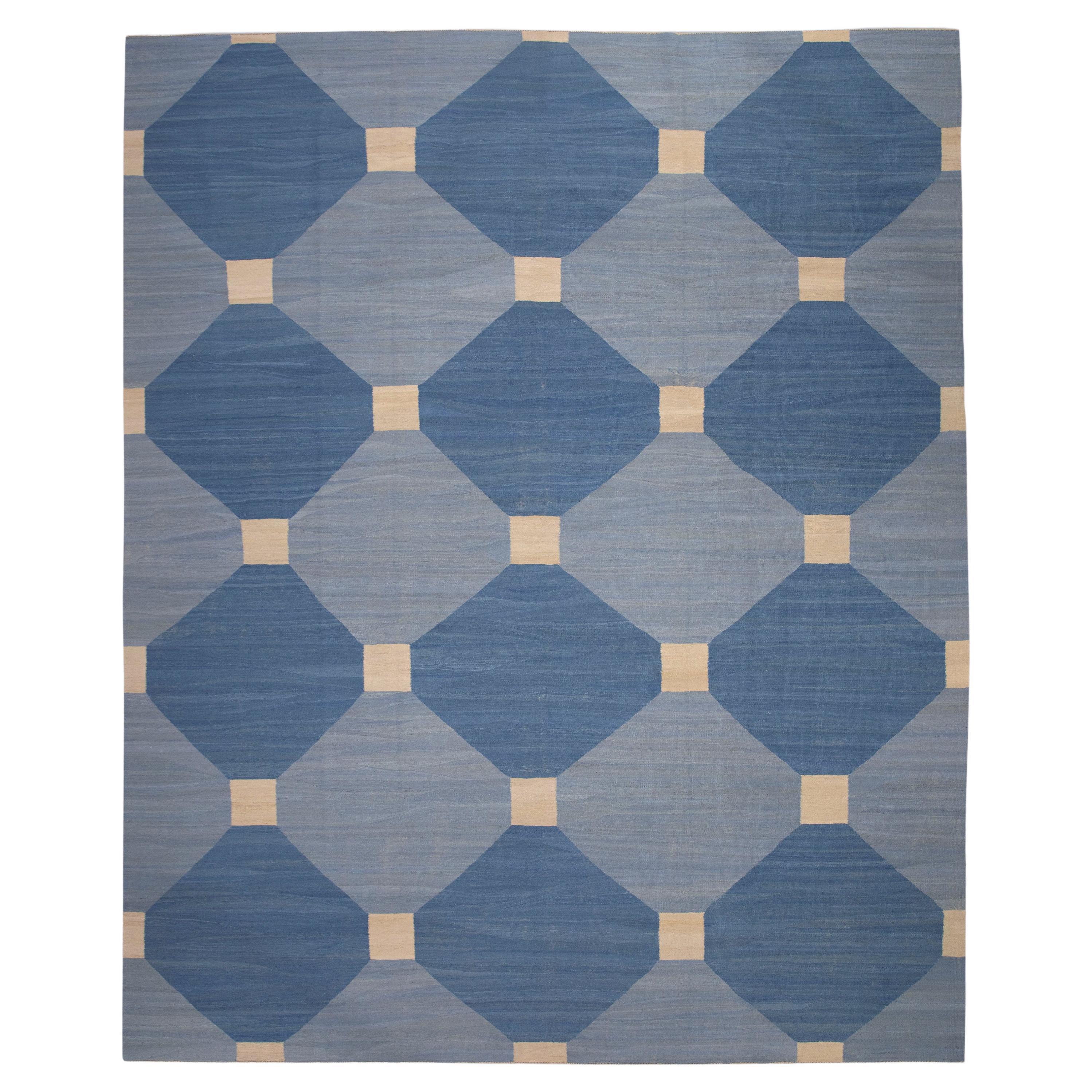 Blue Geometric Design Modern Flatweave Handmade Wool Rug 12'1" X 15'2" For Sale