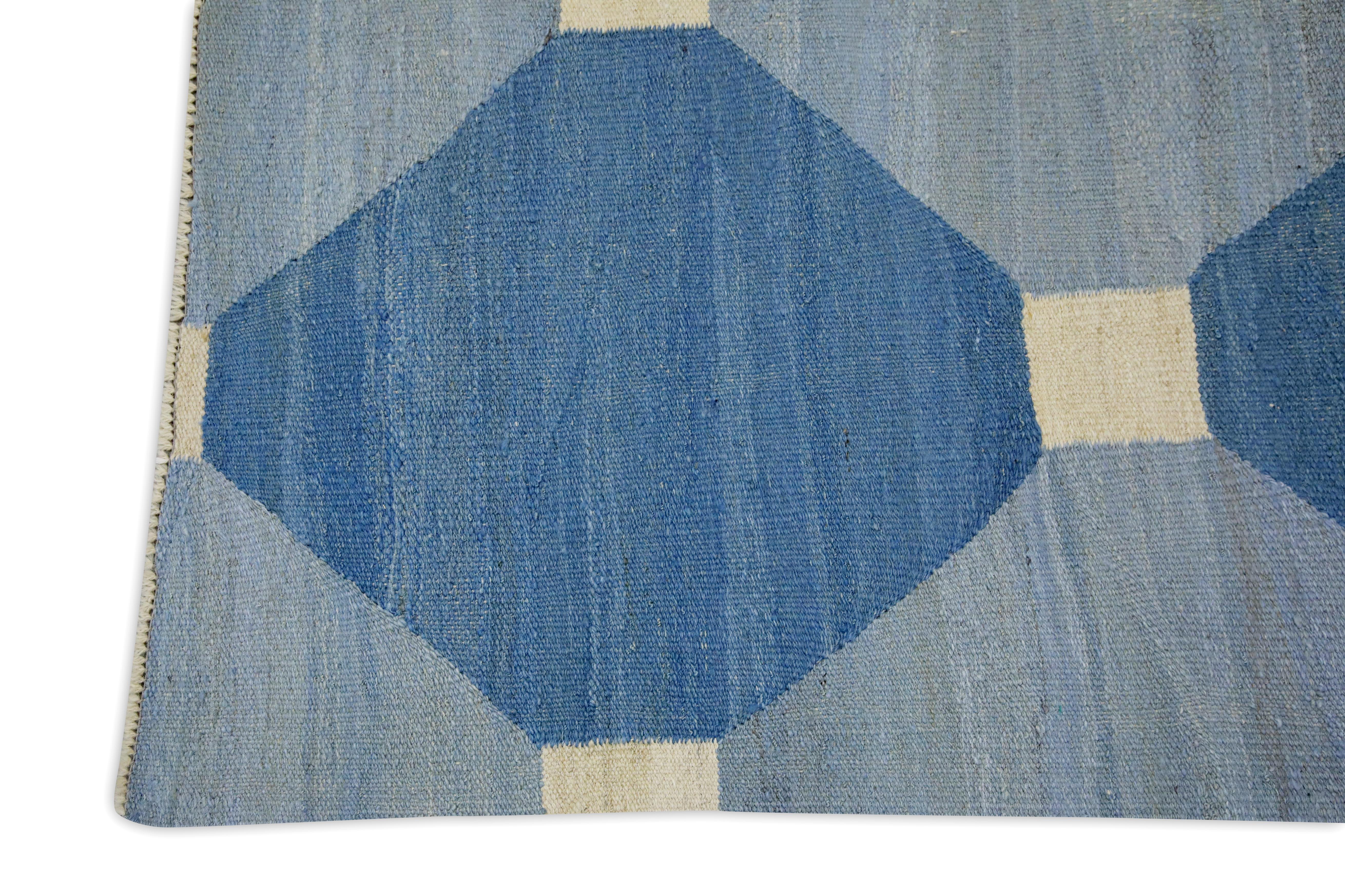 Diseño geométrico azul Alfombra moderna de lana de tejido plano hecha a mano 8'2
