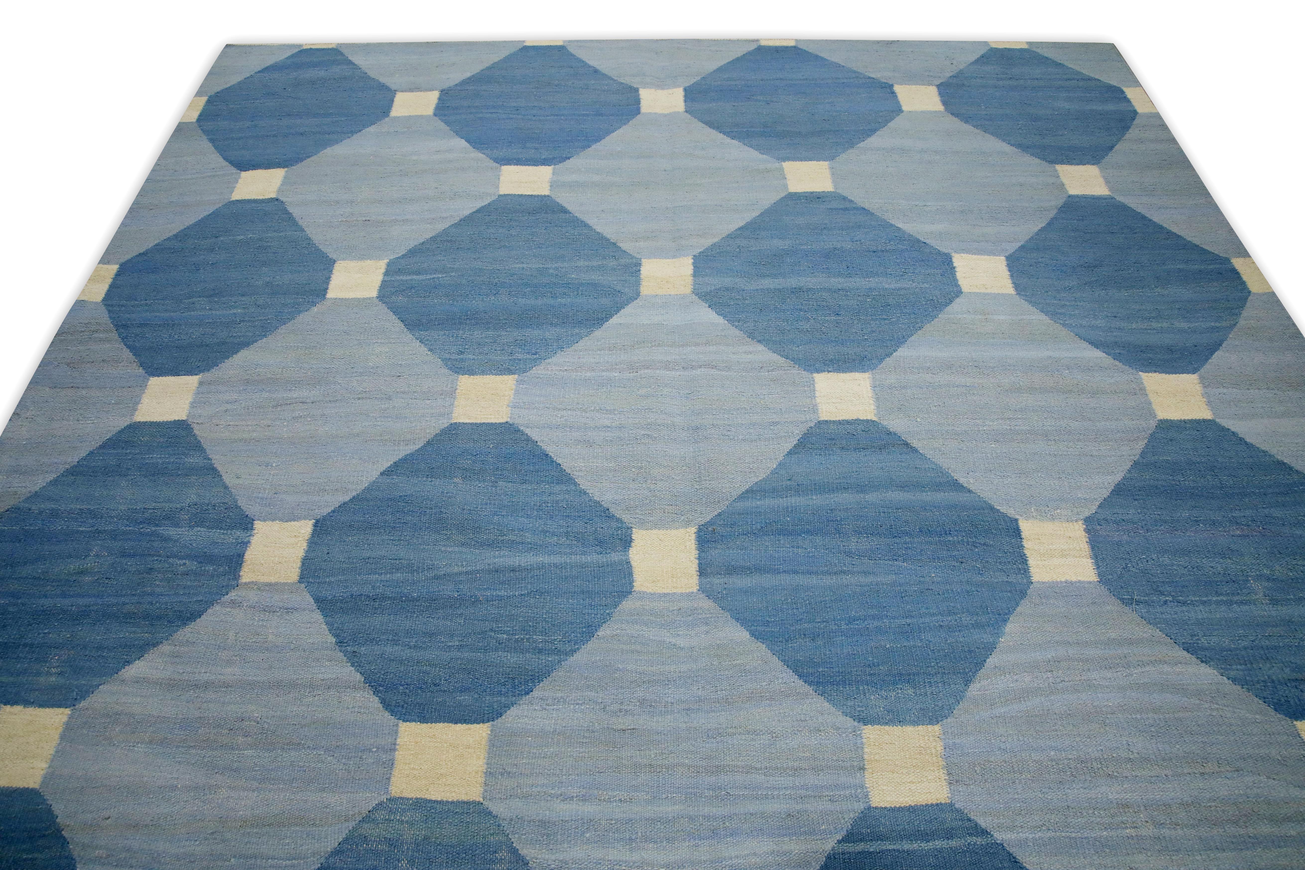 Diseño geométrico azul Alfombra moderna de lana de tejido plano hecha a mano 8'2