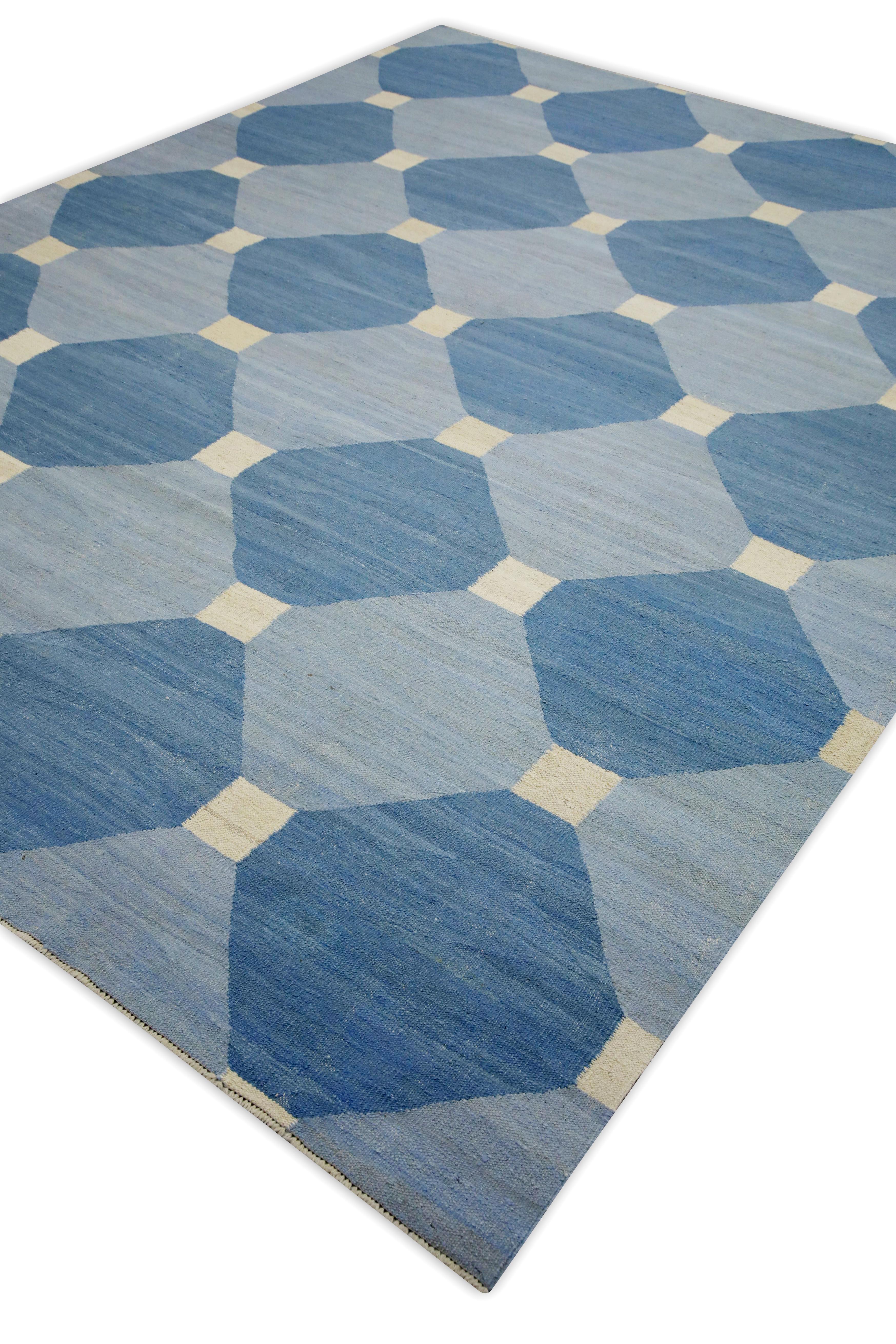 Diseño geométrico azul Alfombra moderna de lana de tejido plano hecha a mano 8'2