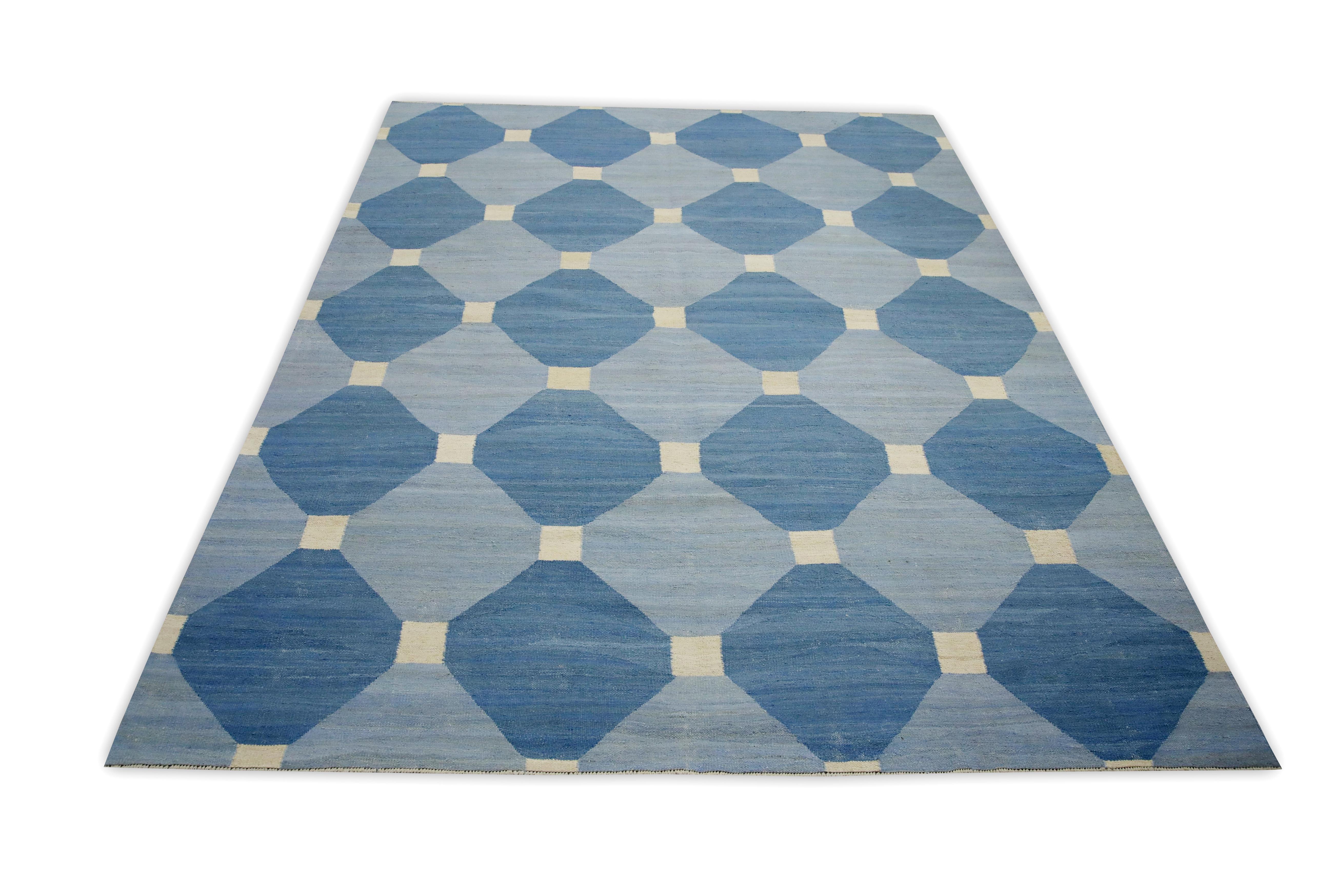 Diseño geométrico azul Alfombra moderna de lana de tejido plano hecha a mano 8'2