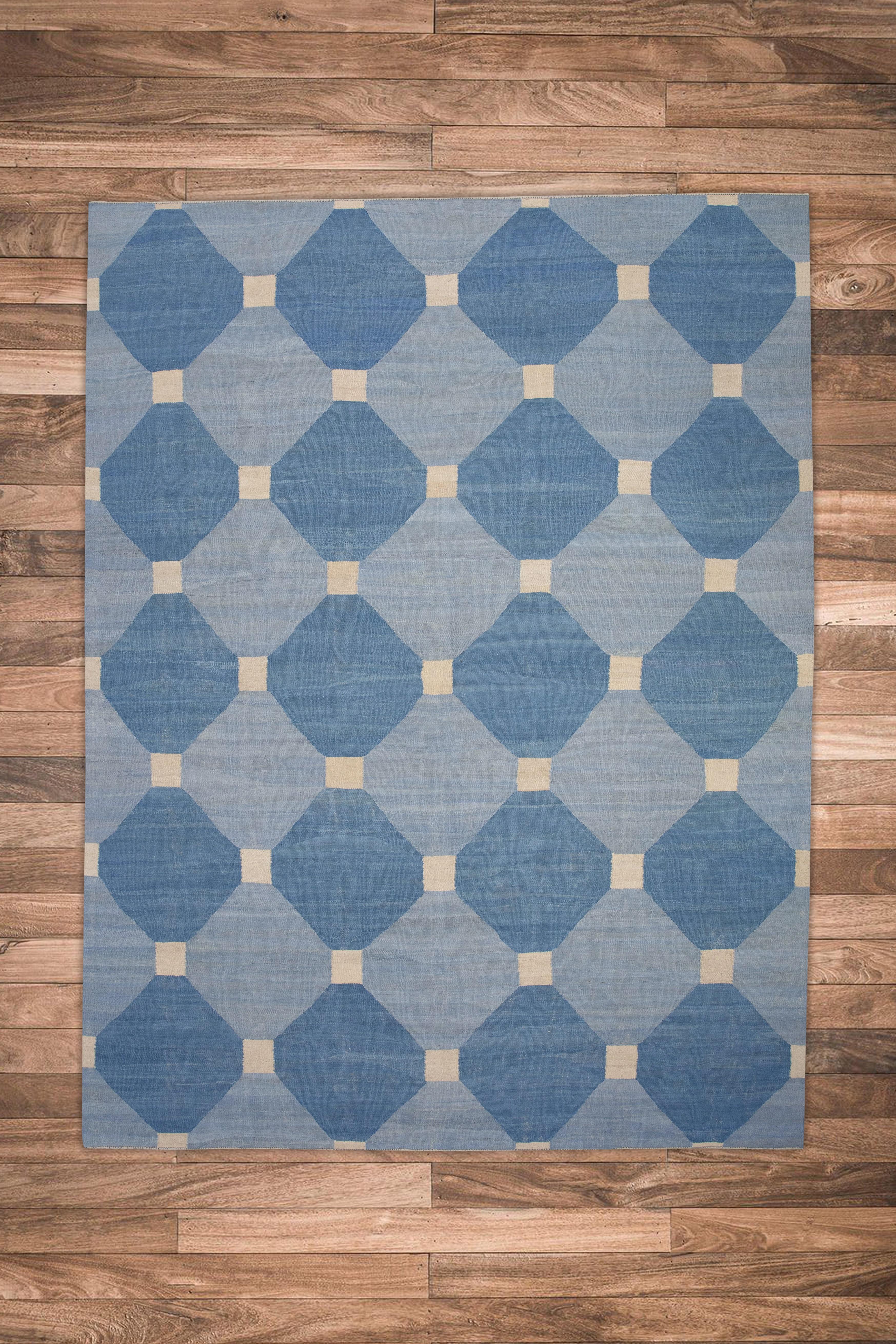 Diseño geométrico azul Alfombra moderna de lana de tejido plano hecha a mano 8'2