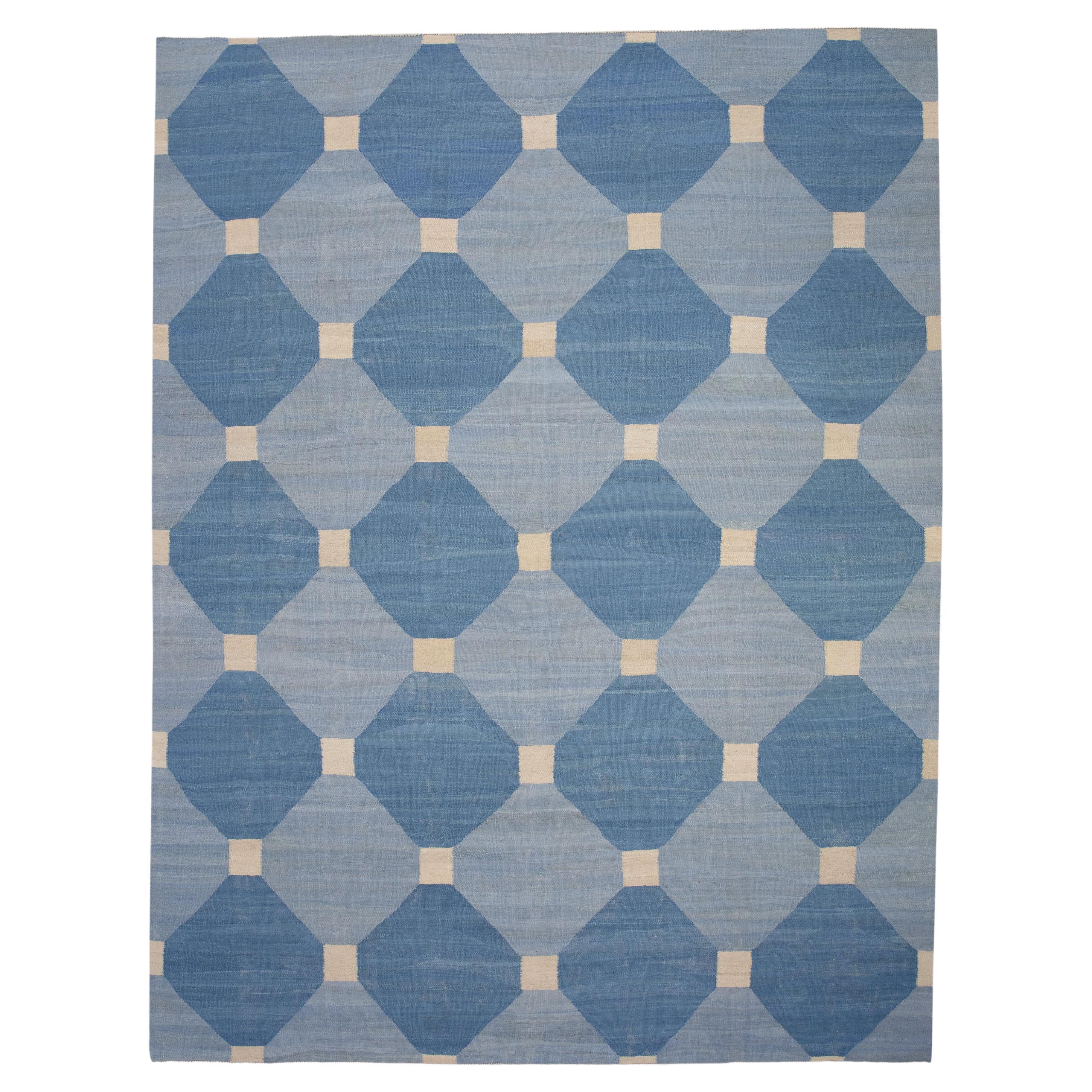 Blue Geometric Design Modern Flatweave Handmade Wool Rug 8'2" x 10'6"