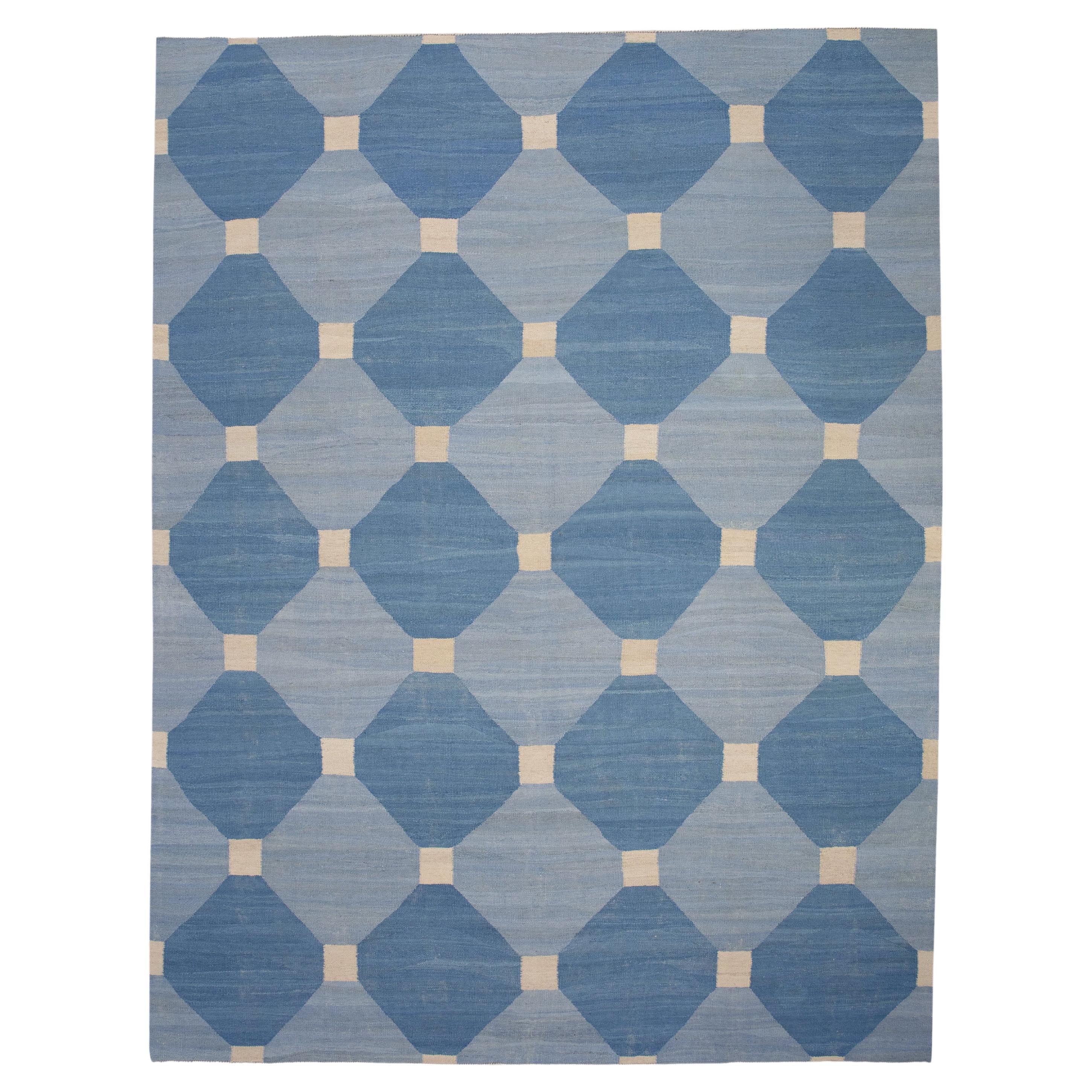 Diseño geométrico azul Alfombra moderna de lana de tejido plano hecha a mano 8'2" x 10'6