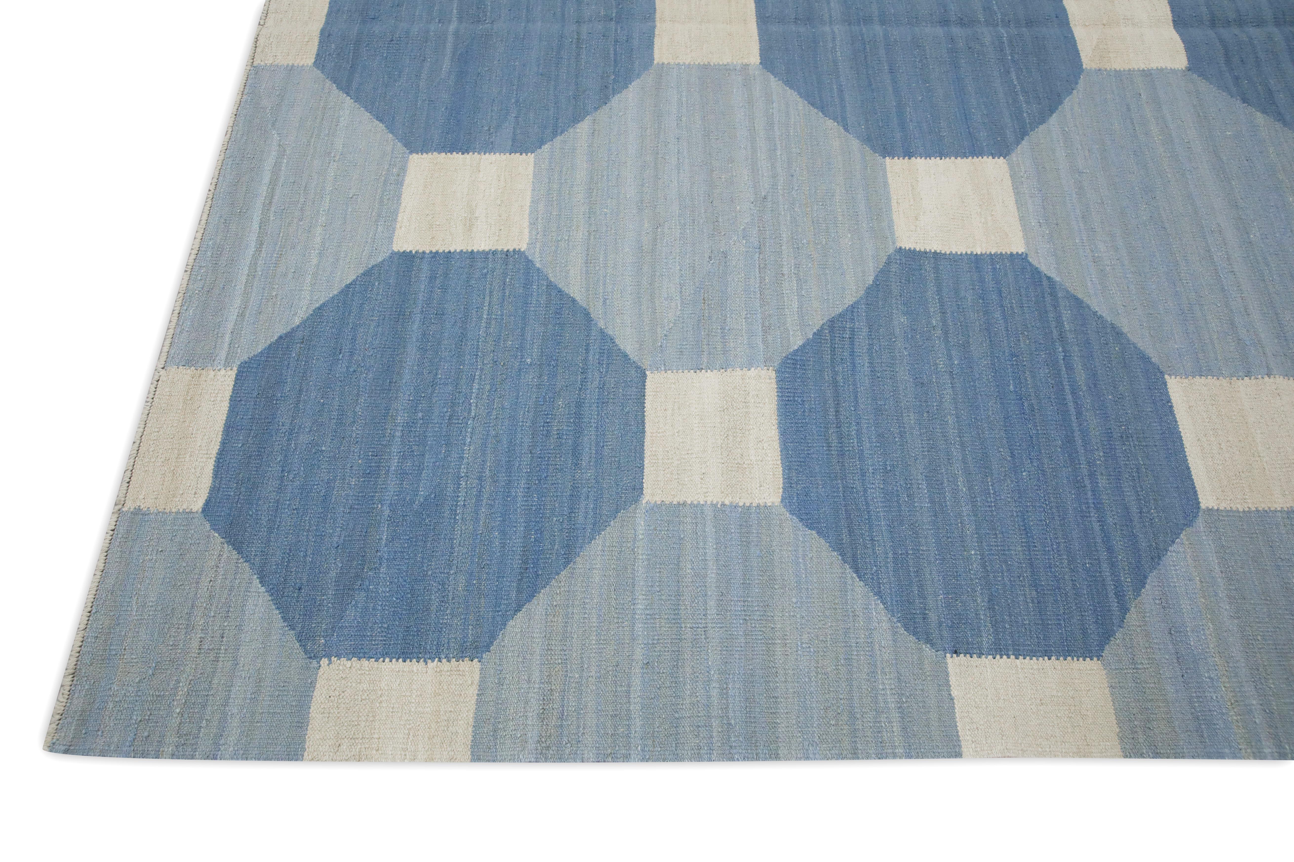 Kilim Blue Geometric Design Modern Flatweave Handmade Wool Rug 8'3