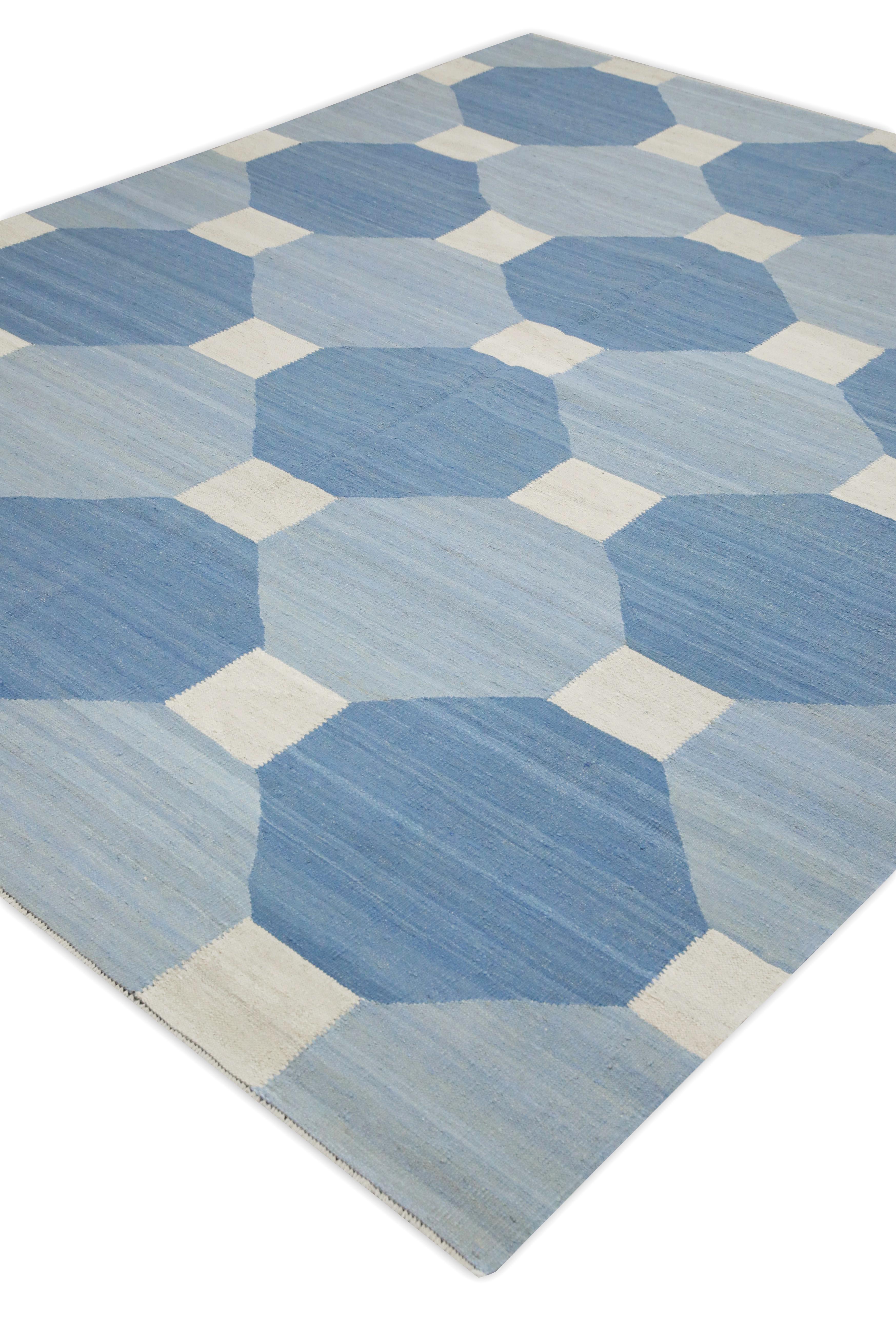 Vegetable Dyed Blue Geometric Design Modern Flatweave Handmade Wool Rug 8'3