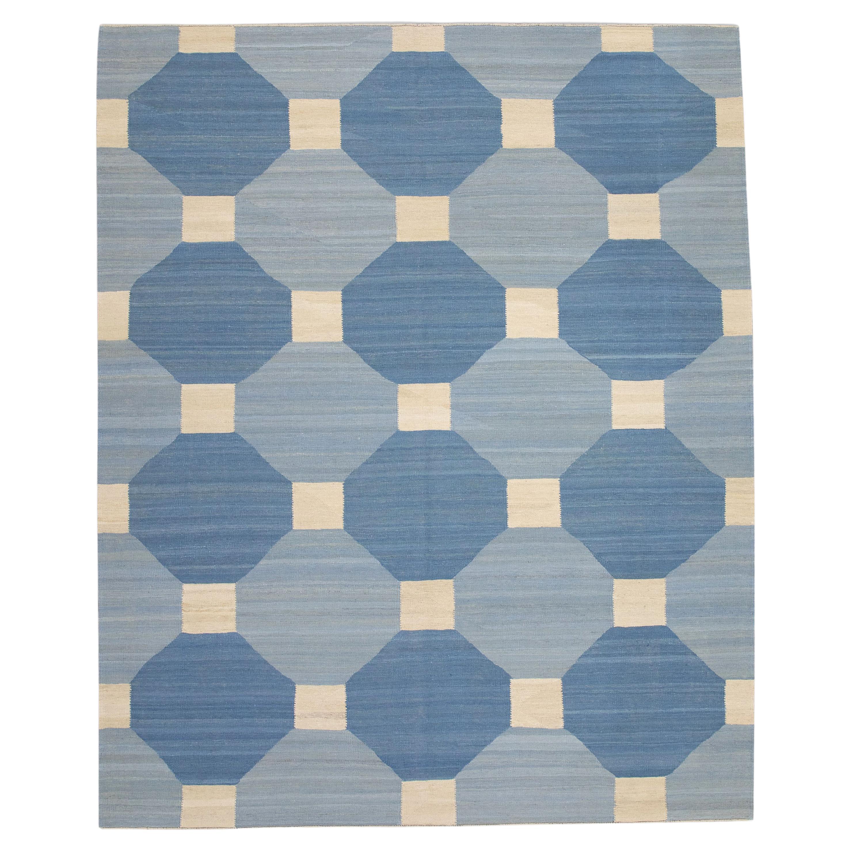 Blue Geometric Design Modern Flatweave Handmade Wool Rug 8'3" x 10'2"